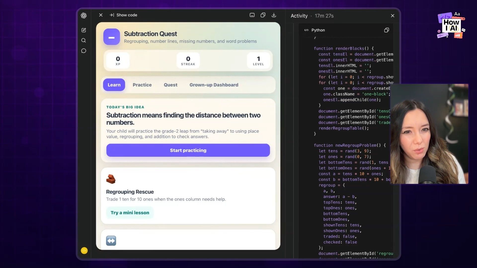 A ChatGPT interface demonstrating the generation of a JavaScript-based browser game for subtraction, complete with a detailed feature list and a glimpse into the generated code. Note the 'Python' header for what appears to be JavaScript code.