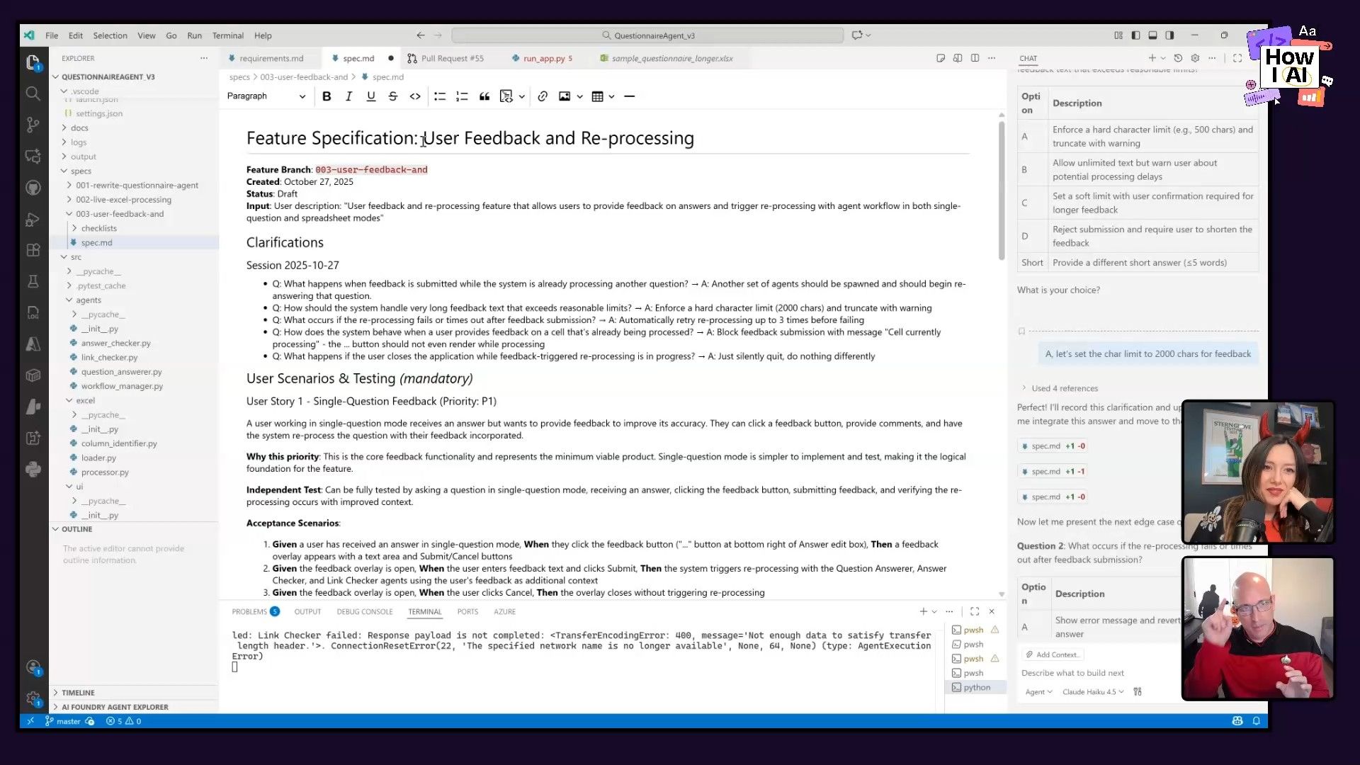 A developer uses VS Code to refine a feature specification, leveraging an AI assistant in a chat interface to address clarifying questions and define acceptance scenarios, while the project structure and terminal logs are also visible.
