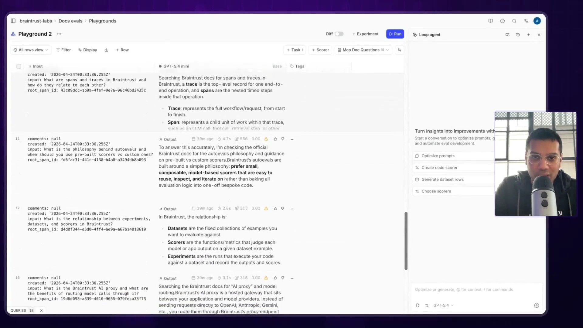 Braintrust UI showing the initial prompt, model selection (GPT-4.5 mini), and RAG server attachment