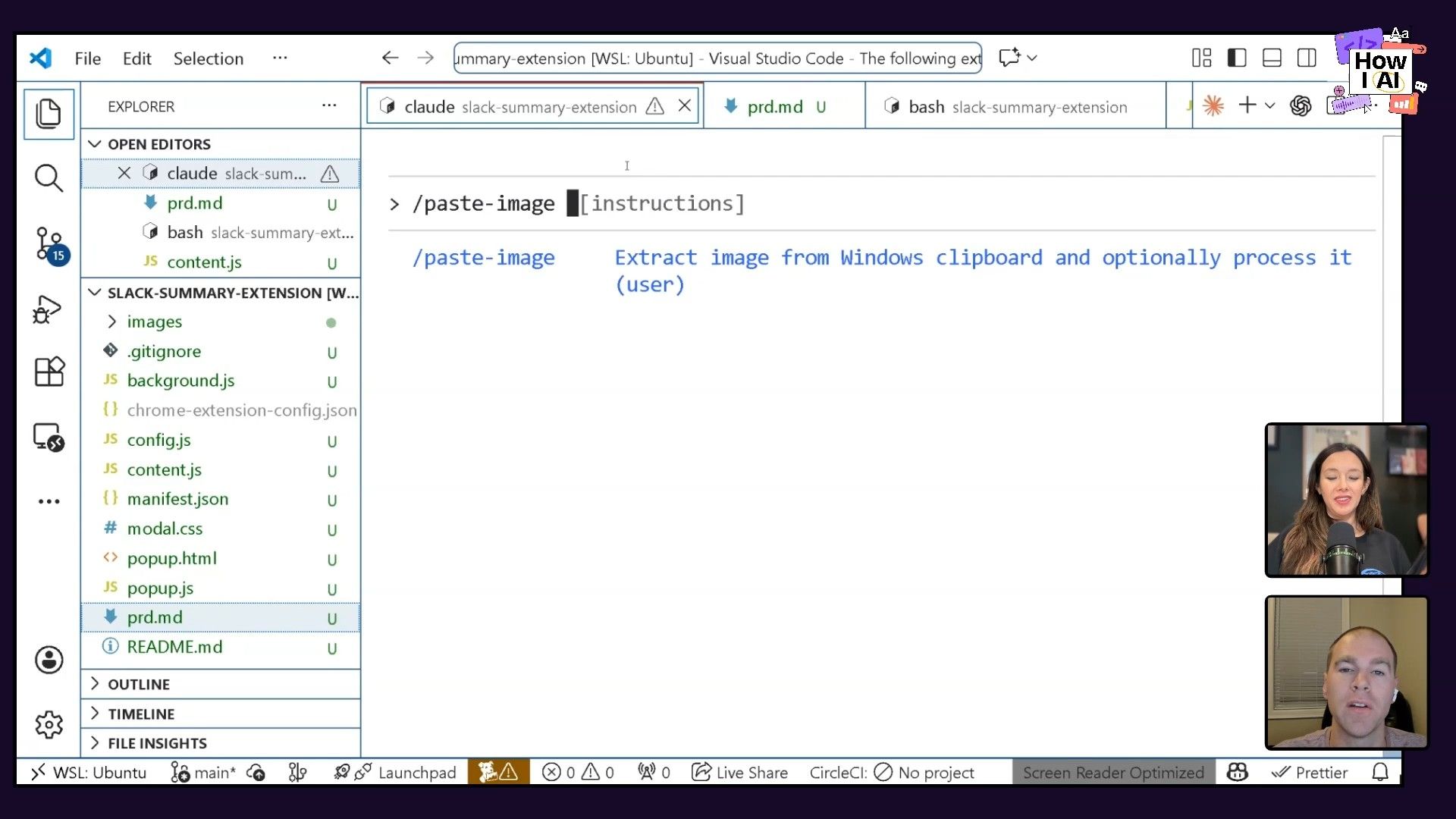 A developer's Visual Studio Code environment, showcasing an active terminal with Bash commands for file system checks and an Explorer pane detailing the project structure of a 'slack-summary-extension'. The workflow demonstrates a technical task within a web development context.