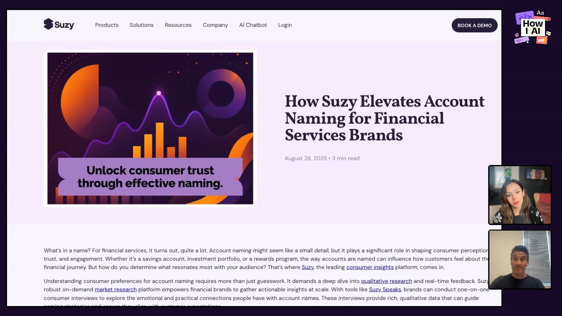 A detailed view of the Suzy website, showcasing a blog post on 'How Suzy Elevates Account Naming for Financial Services Brands' with a modern graphic and comprehensive text about consumer insights.