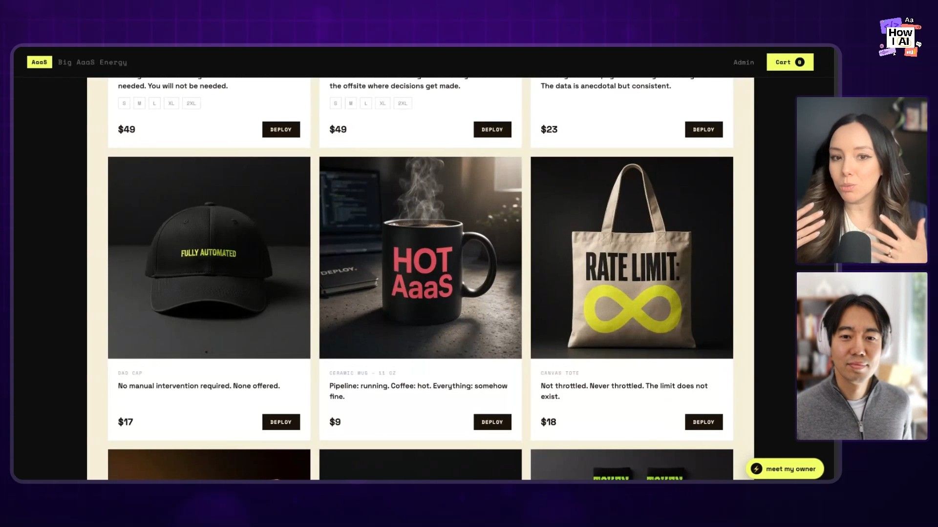 A look at a fictional 'AaaS' (AI-as-a-Service) merchandise store, showcasing humorous AI-themed products and witty descriptions during the 'How AI' podcast.