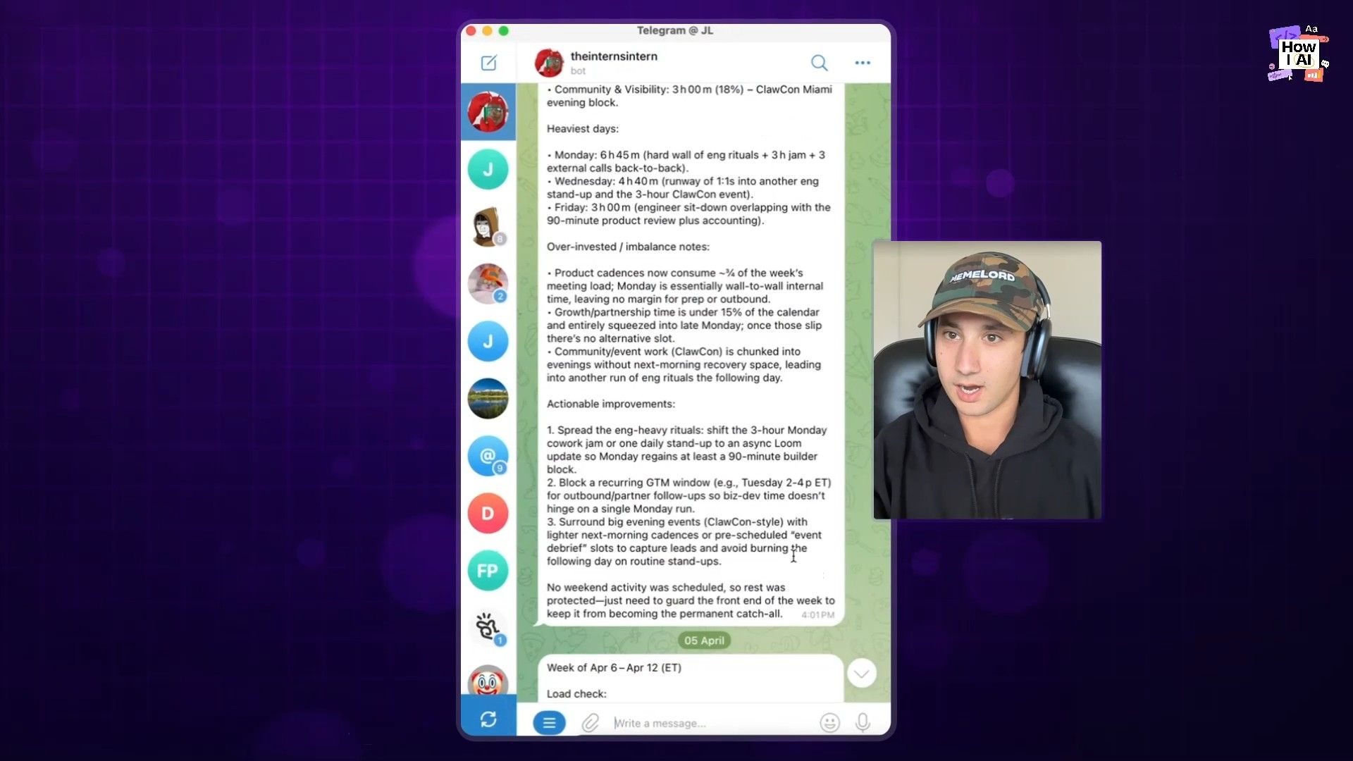 An AI-powered bot, 'theinternsinterim', delivers a detailed calendar analysis and actionable improvements within a Telegram chat, highlighting workload imbalances and strategic adjustments for a busy week.