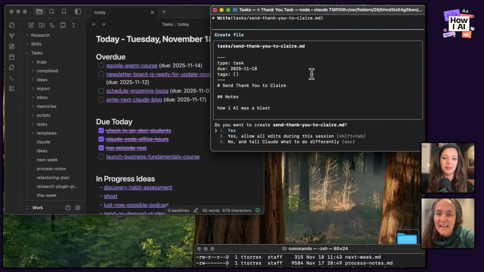 Teresa demonstrates a practical AI workflow, creating a new task ('send-thank-you-to-claire') directly within a Claude-powered command-line interface, which integrates with her daily task management system.