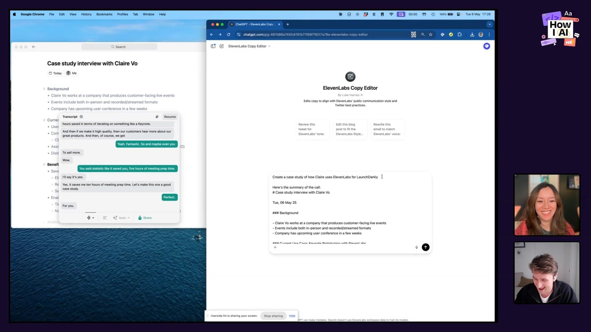 A dual-screen view demonstrating an AI-powered content creation workflow, from a meeting transcript summary on the left to a ChatGPT custom GPT being prompted with that data to generate a case study on the right.