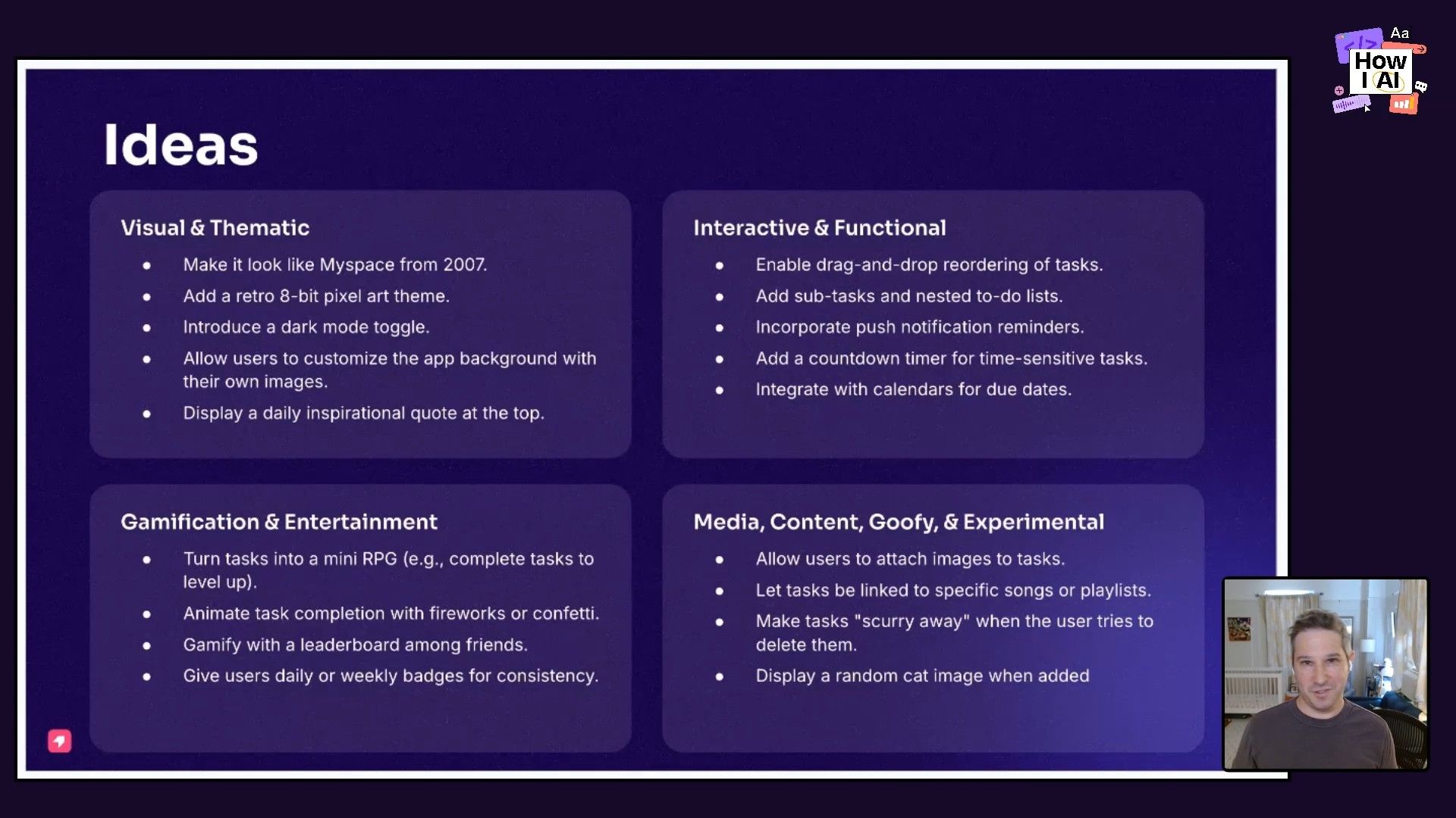A detailed slide outlining brainstorming ideas for a to-do list application, covering visual themes, interactive features, gamification, and experimental content. These ideas could serve as input for AI-driven app generation.
