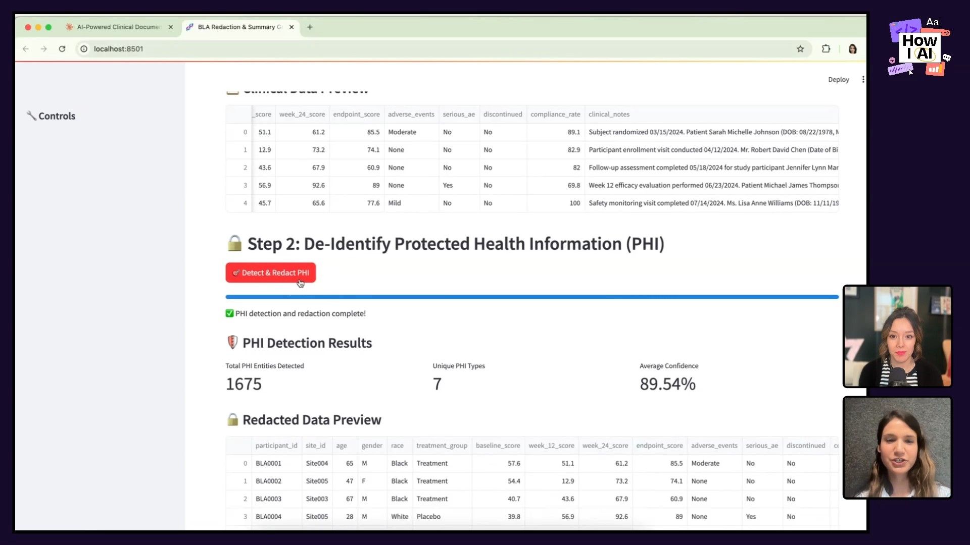 A view of the web application interface demonstrating the process of de-identifying Protected Health Information (PHI) within clinical notes, showing original data, the 'Detect & Redact PHI' action, and a preview of the redacted output.