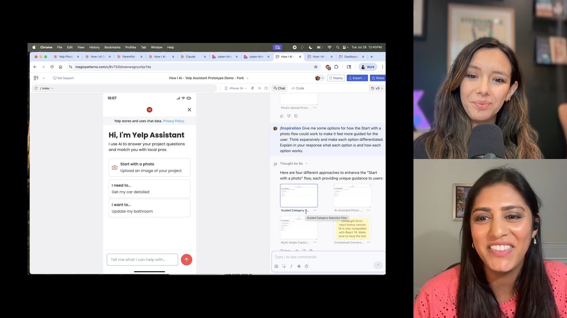 A detailed look at the 'Magic Patterns' AI generating design variations for a 'Yelp AI Assistant' prototype, demonstrating different approaches for a 'Start with a photo' workflow, alongside a visible React compatibility error.