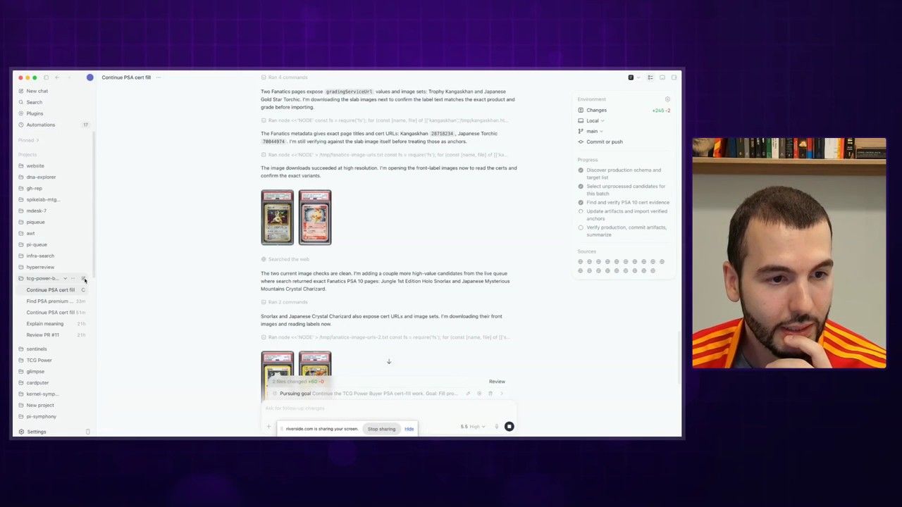 The Codex agent using its in-app browser to search for a high-value Pokémon card on the eBay website.
