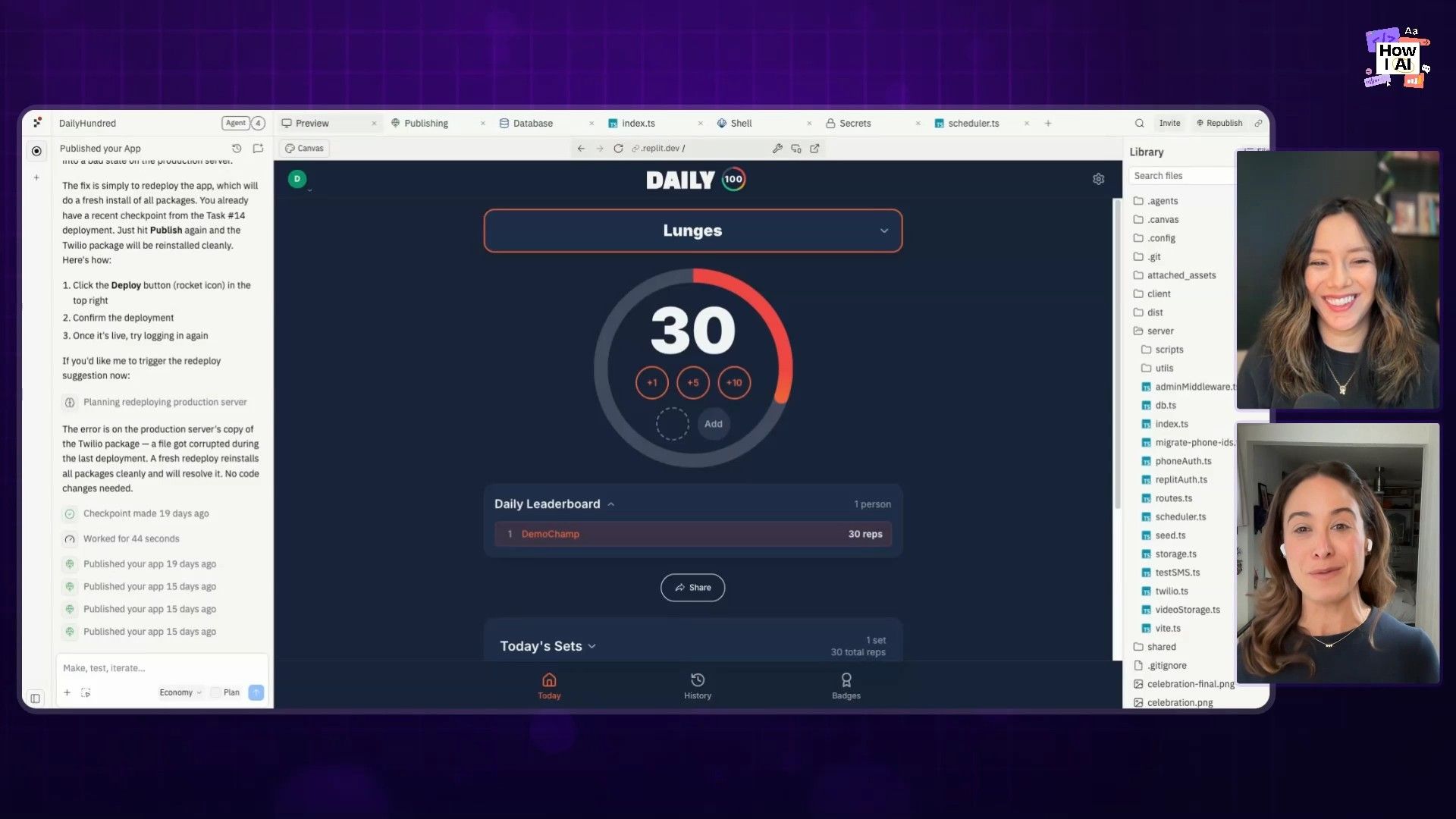 A detailed view of the Replit IDE, showcasing a live preview of the 'Daily 100' workout tracker web application, alongside deployment logs with troubleshooting steps, and a project file structure containing numerous TypeScript files.