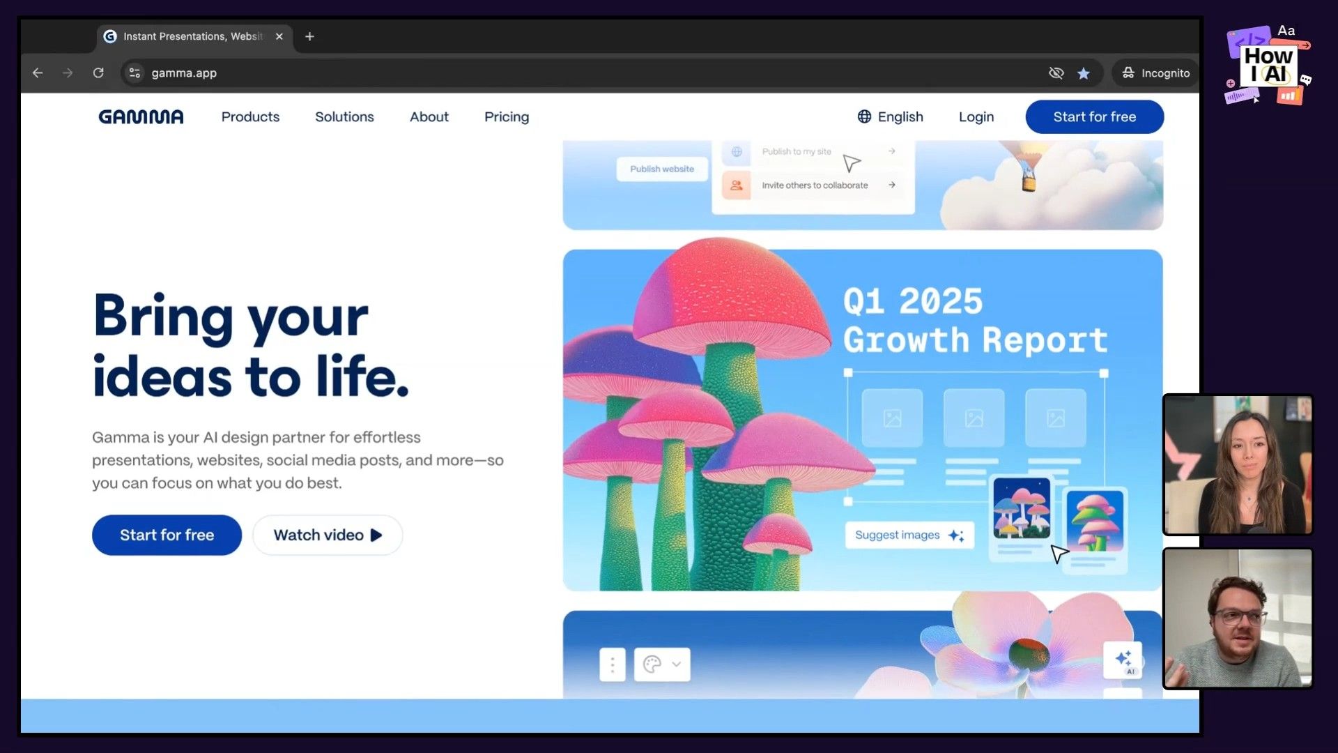 A detailed view of the Gamma.app homepage, demonstrating its AI design partner capabilities with a clear 'Improve writing' prompt, highlighting AI-powered content generation for presentations and websites.