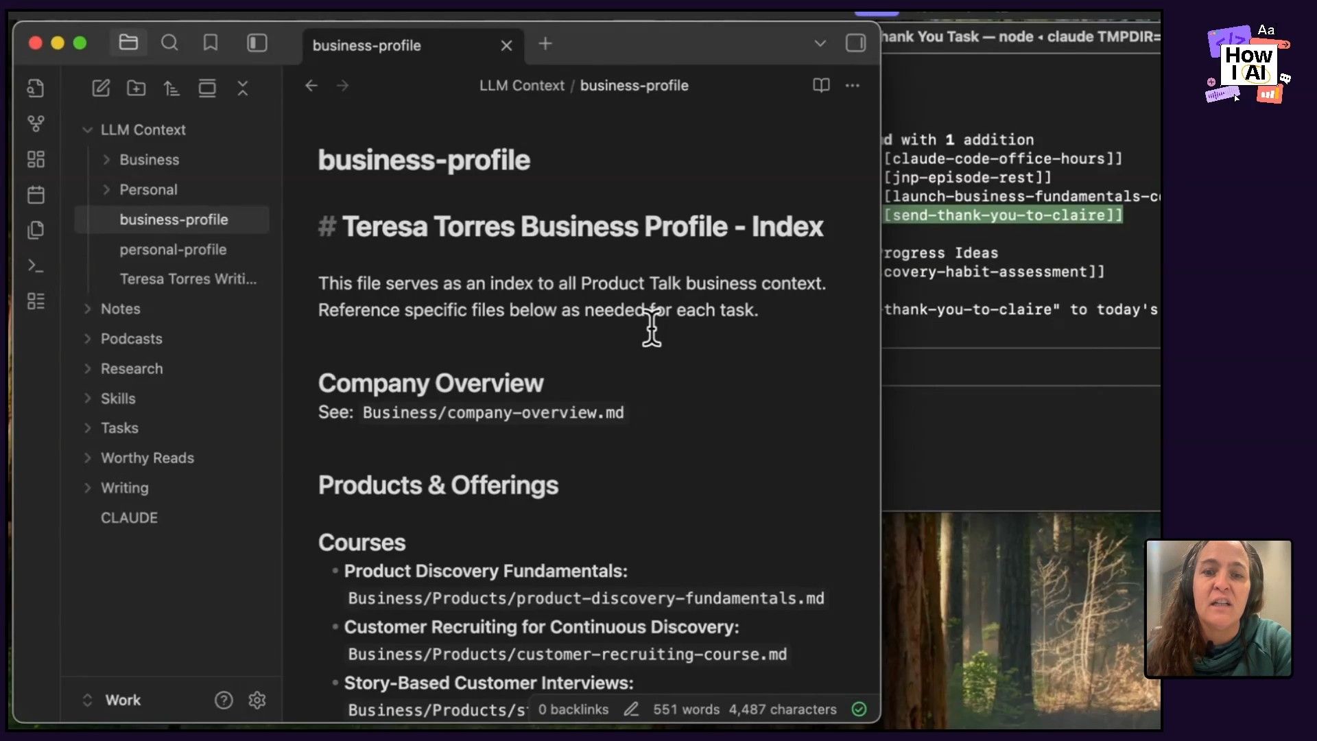 A detailed view of a knowledge management application displaying a 'Teresa Torres Writing Style Guide,' outlining audience, core philosophy, and tone. The interface also shows a project hierarchy in the sidebar and task-related fragments in a background terminal window.