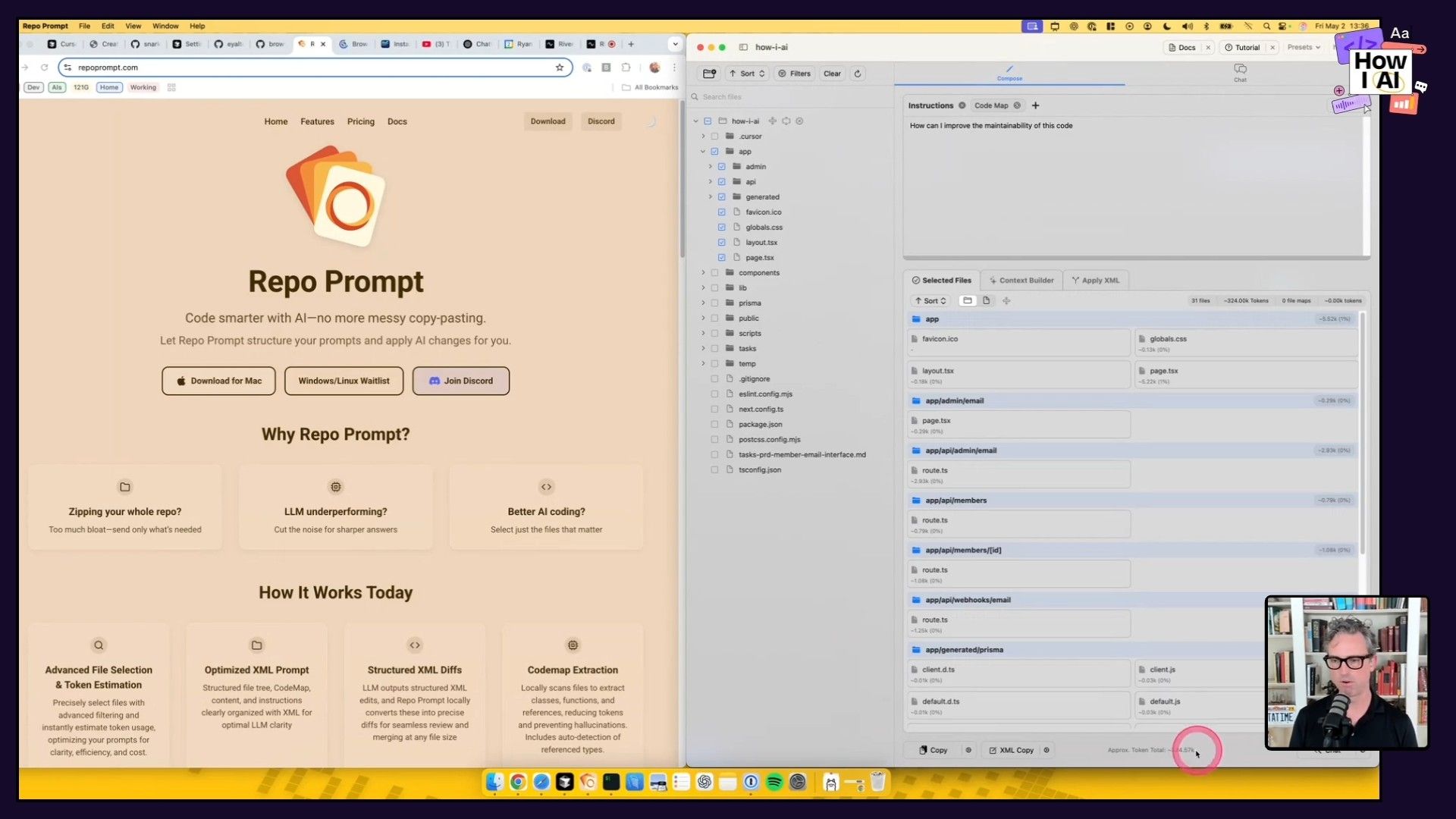 A developer demonstrates the Repo Prompt AI tool, with its marketing website displayed alongside its desktop UI showing a file tree, selected project files, a prompt to improve code maintainability, and a live token count. This highlights the tool's capabilities for structured AI code interactions.