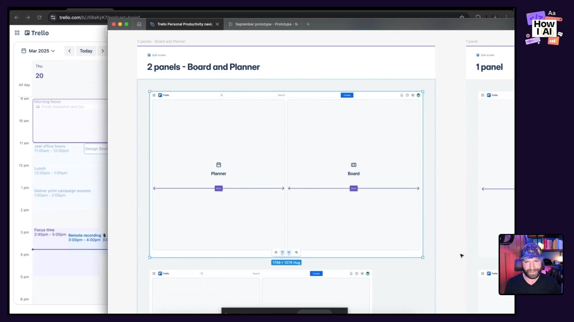 A multi-application workflow demonstrating a Trello calendar for task management alongside a design prototype (potentially in Figma) showcasing a two-panel 'Board and Planner' layout, illustrating a comprehensive approach to project organization and design.