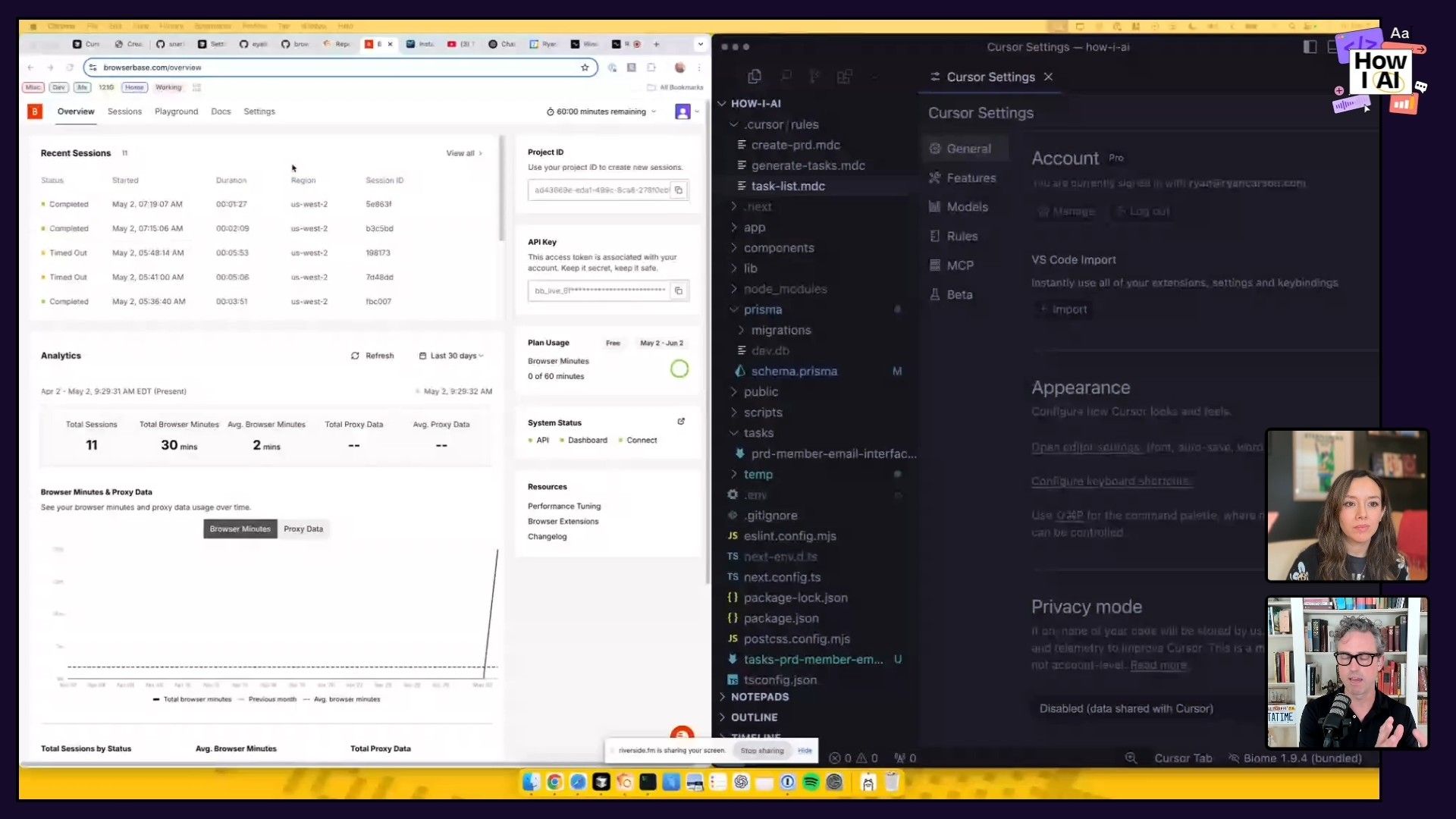 A split view showcasing a browser-based analytics dashboard (browserbase.com) on the left and Cursor IDE's Model Context Protocol (MCP) server settings on the right, configured with tools for Postgres, Prisma, SQLite, and Browserbase, along with their respective npx commands and function listings.