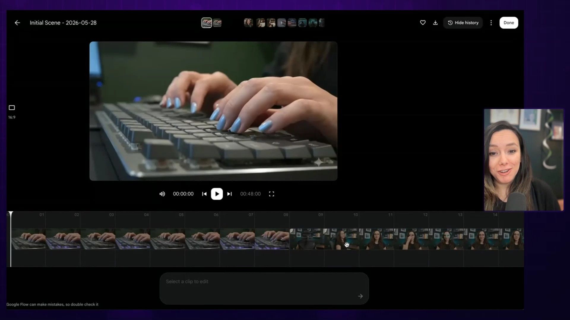 A detailed view of a video editing application's interface, showcasing an asset library with various video clips, a preview area, and a timeline where 'How I AI' clips are arranged for a scene. The user is interacting with the software to manage and sequence video content.