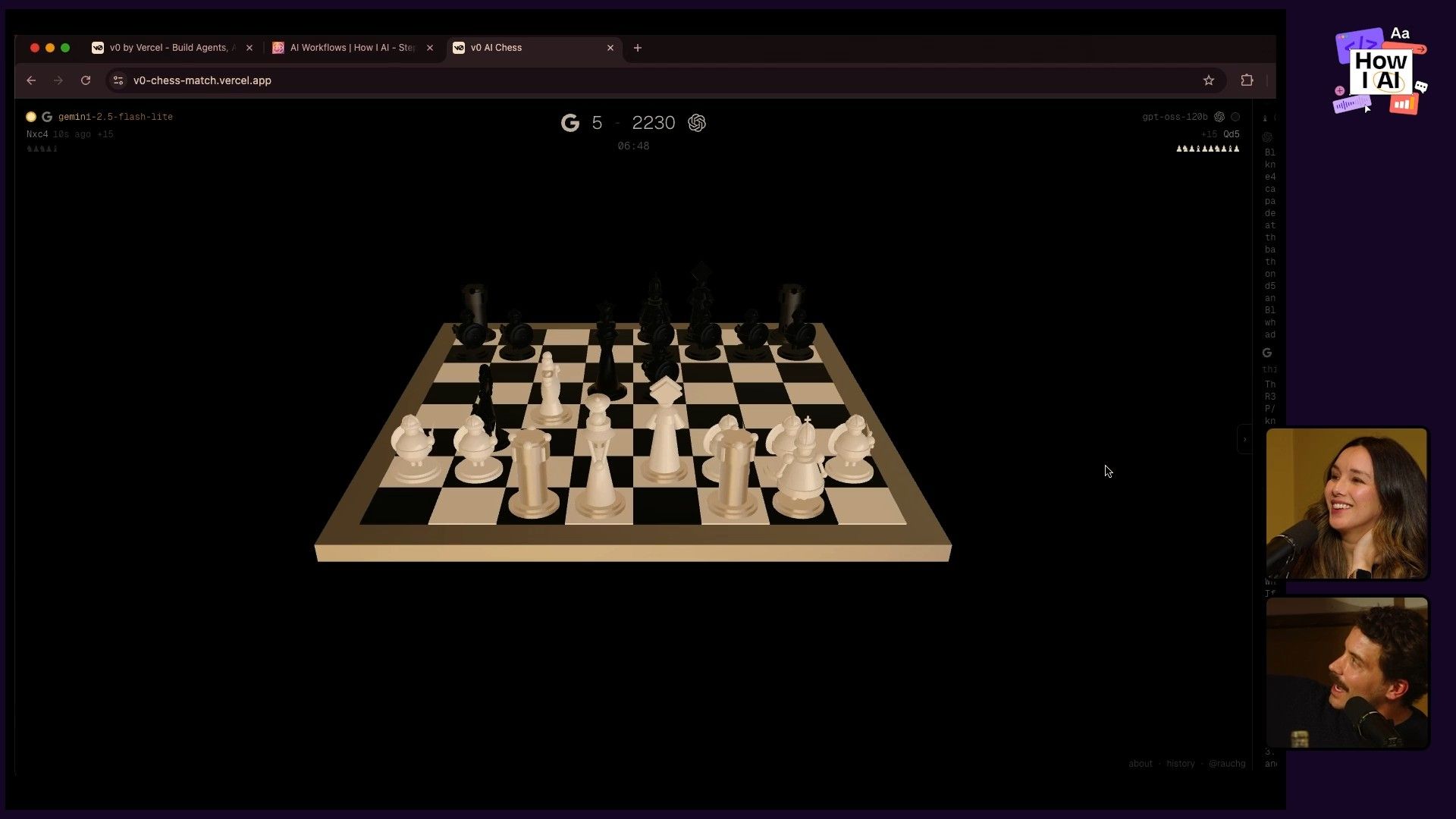 A live demo of the v0 Chess Match app, showcasing a 3D chess board where AI models like Gemini-2.5-flash-lite and gpt-oss-120b are actively playing or analyzing. The interface displays chess notation, model outputs, and real-time thinking processes.