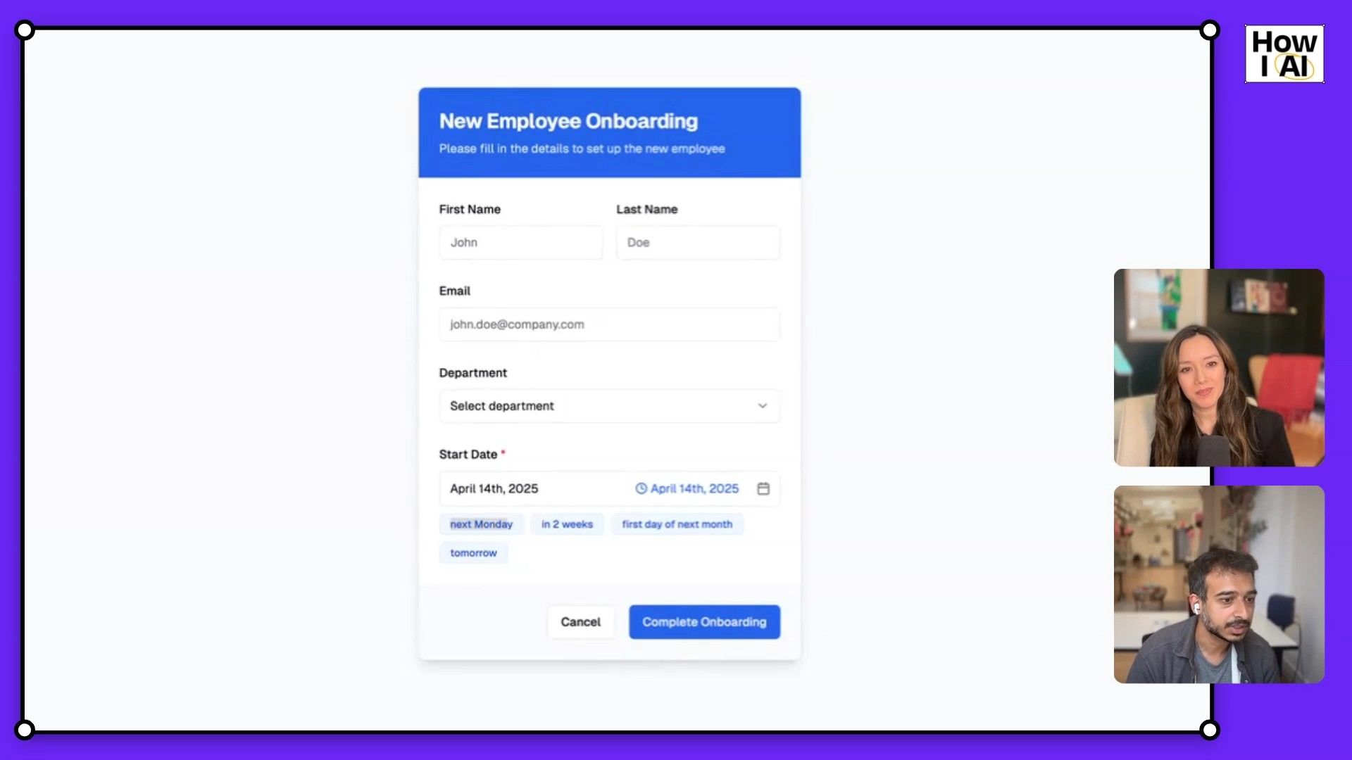 A 'New Employee Onboarding' web form showcasing a modern date picker that offers intelligent natural language suggestions, such as 'Next Monday' and 'In two weeks,' for selecting the start date.