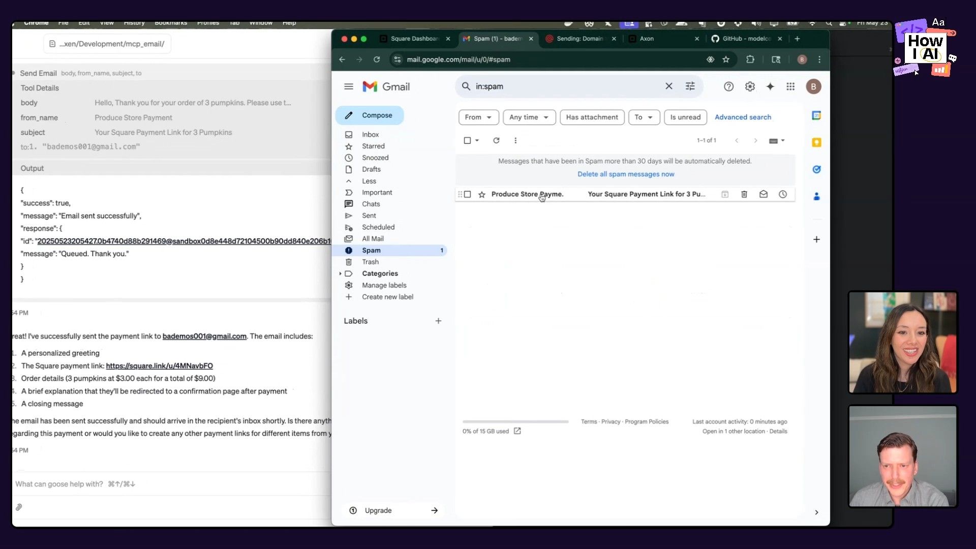 An AI assistant (Goose) in action, demonstrating the generation of a payment link and its dispatch via an integrated email tool, with a glimpse into the Gmail inbox showing related email activity.