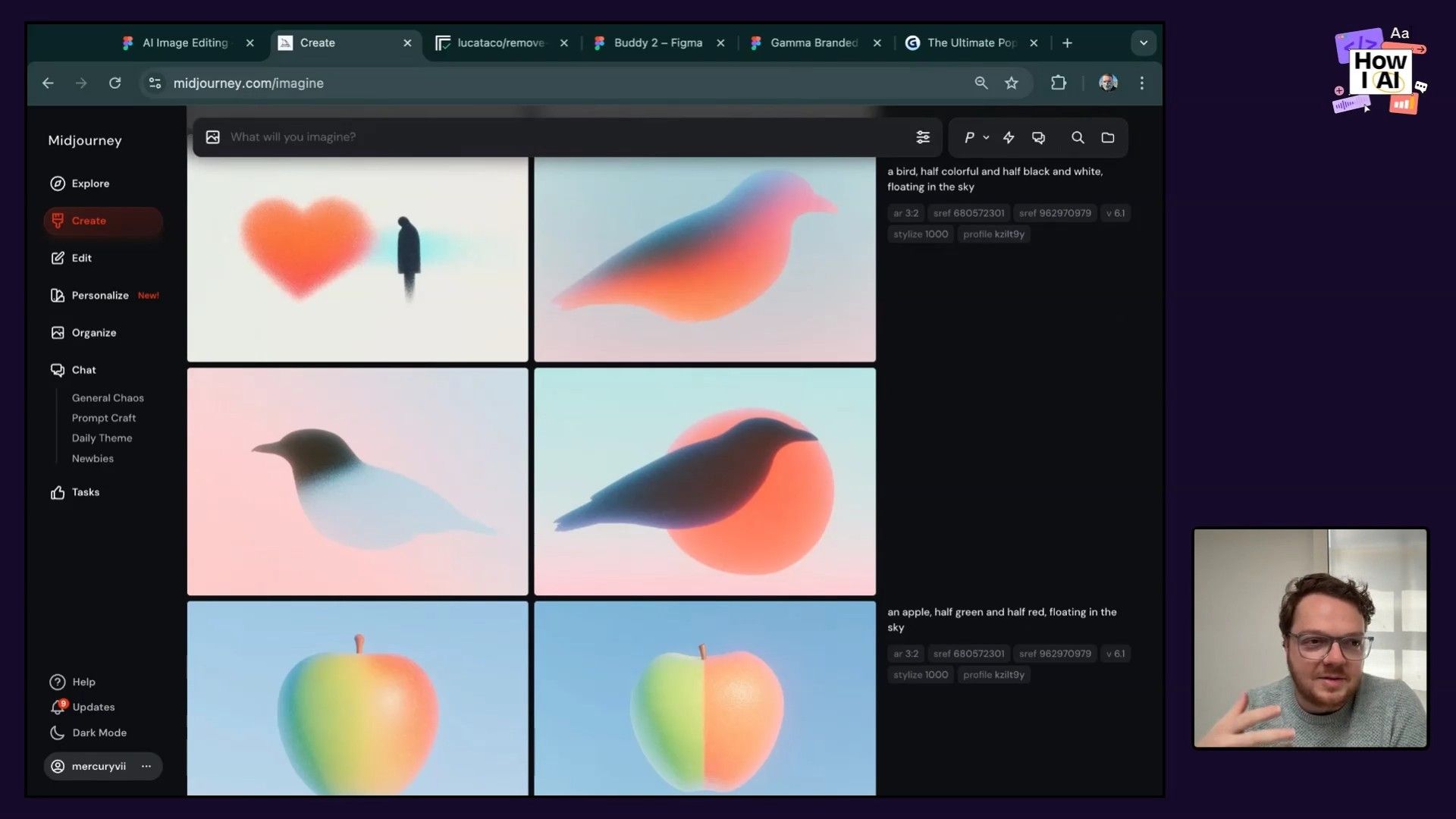 A detailed look at the Midjourney web interface, showcasing a gallery of AI-generated bird art and the specific prompt 'a vertically split image of a bird...' along with parameters like 'ar 3:2', 'stylize 1000', and 'v 6.1' used for their creation.