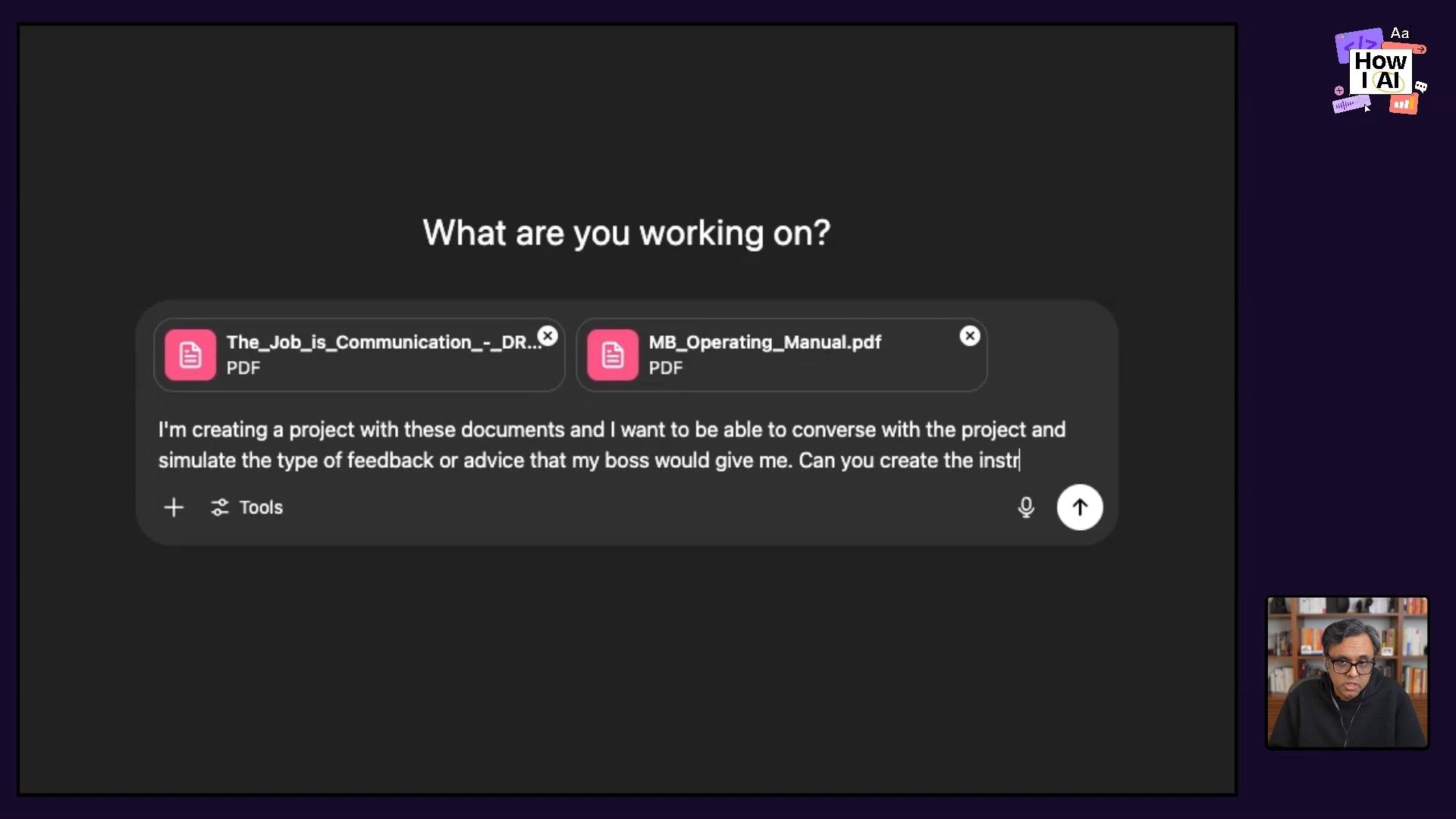 A user uploads 'The_Job_is_Communication_-_DR...' and 'MB_Operating_Manual.pdf' into an AI assistant, beginning to type a prompt to 'create a project with these documents and I want to be able to conv...'