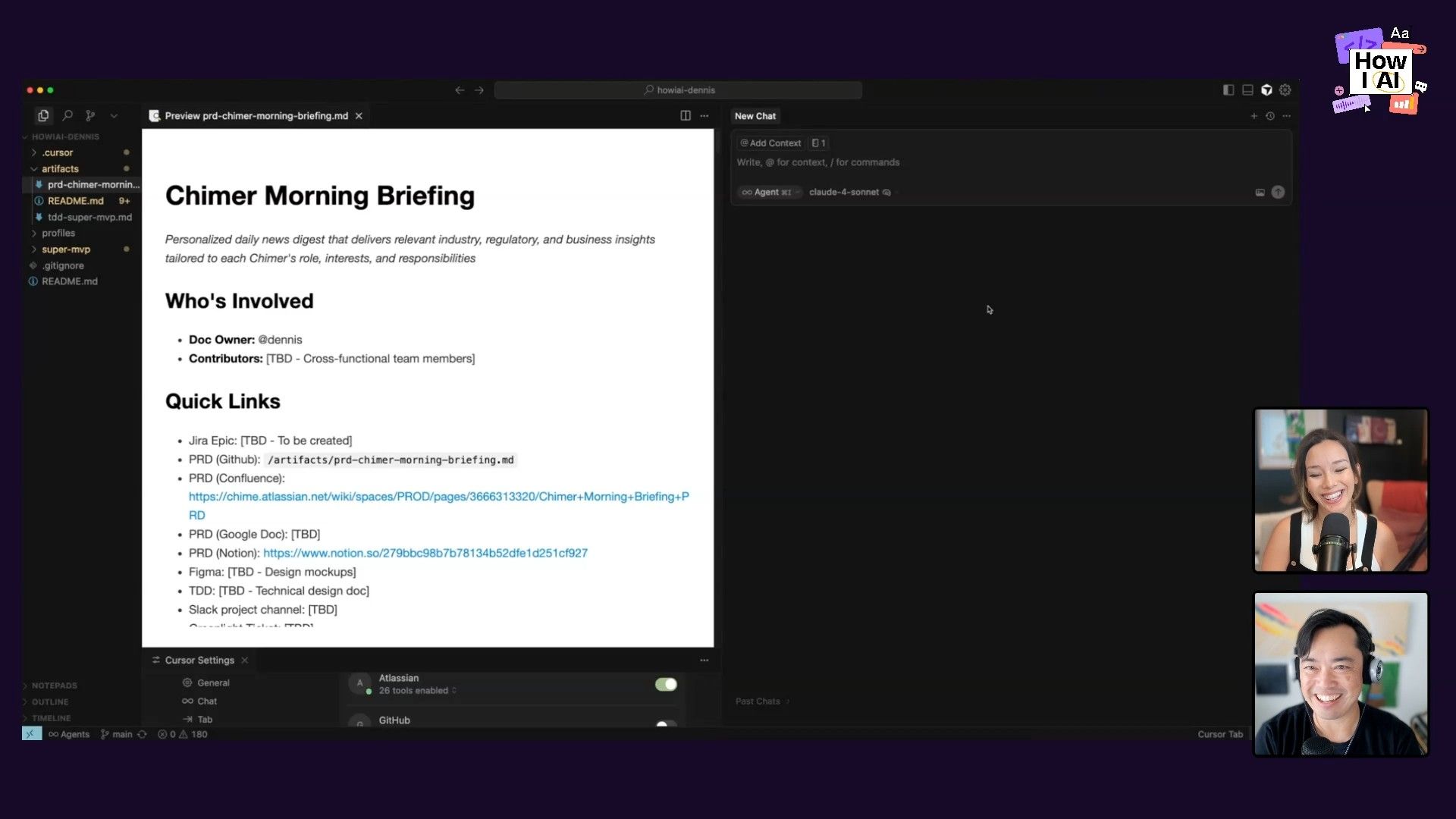 A detailed view of the Cursor AI-native IDE, showcasing its multi-pane layout with a file system, a Markdown editor displaying a project brief, and an integrated AI chat powered by Claude-4-Sonnet, alongside the Cursor settings.