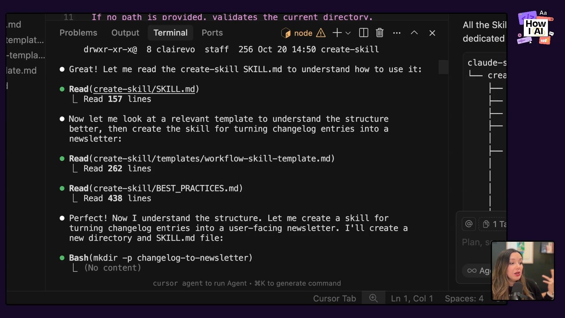 An AI agent's output in a code editor, demonstrating its process of searching for and locating a 'create-skill' directory using `ls -la` after failed attempts to read a skill file and find existing skill definitions.
