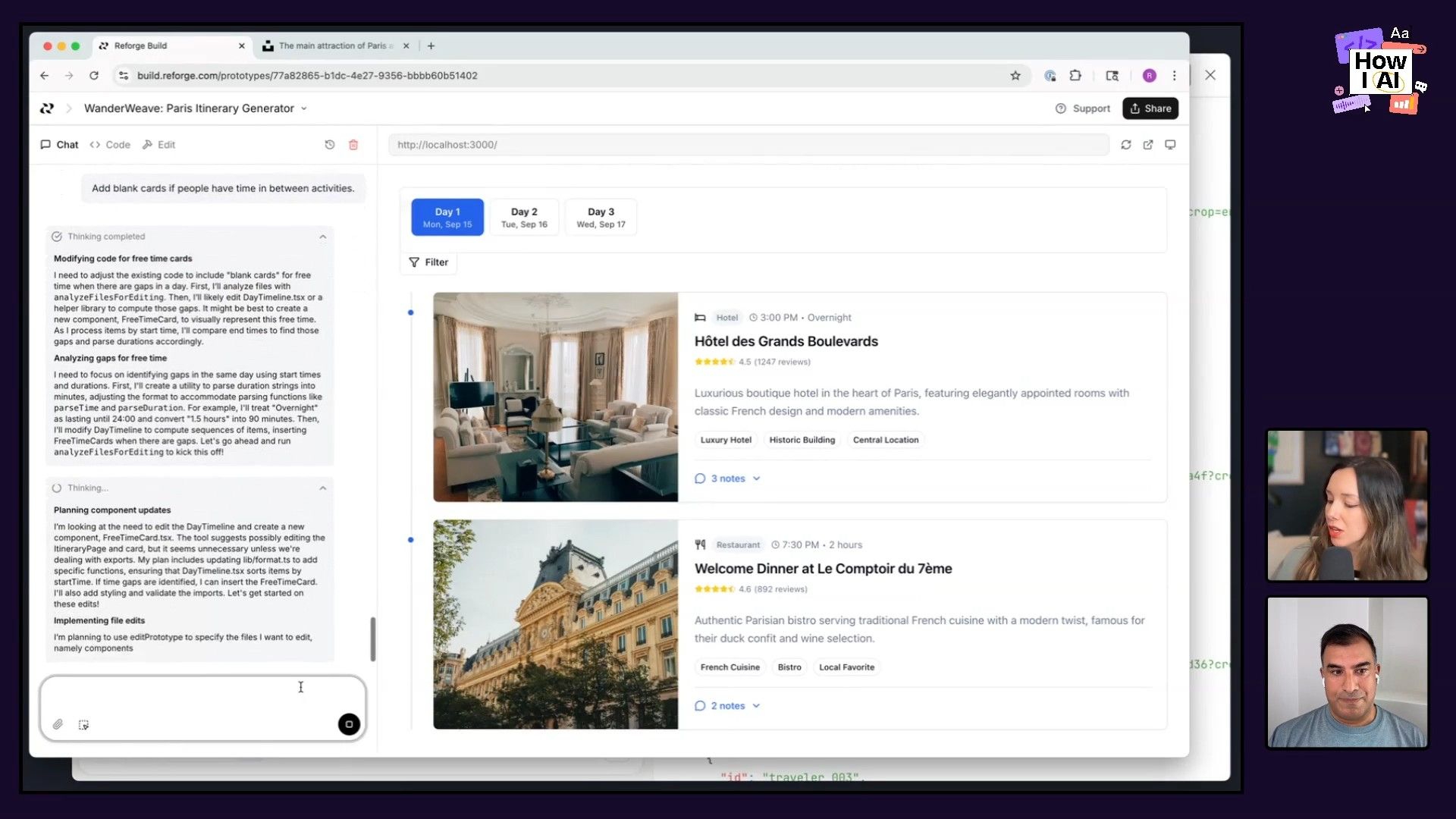 An AI-powered web application, 'WanderWeave: Paris Itinerary Generator', shown with an AI chat discussing code modifications for 'free time' cards and displaying generated itinerary details for a hotel and restaurant.