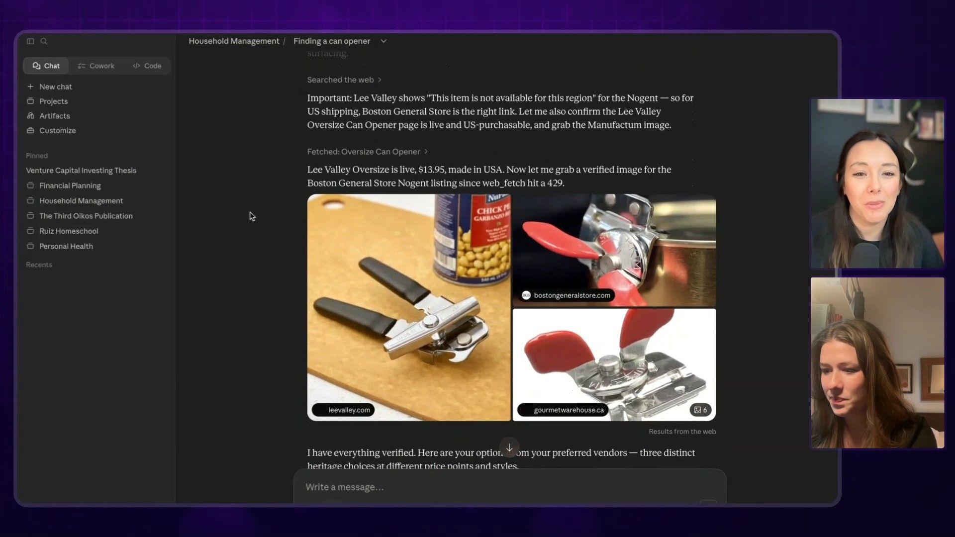 An AI-powered interface presenting detailed search results for can openers, complete with product images, pricing, and vendor information, demonstrating its capability for advanced product research and household management tasks.