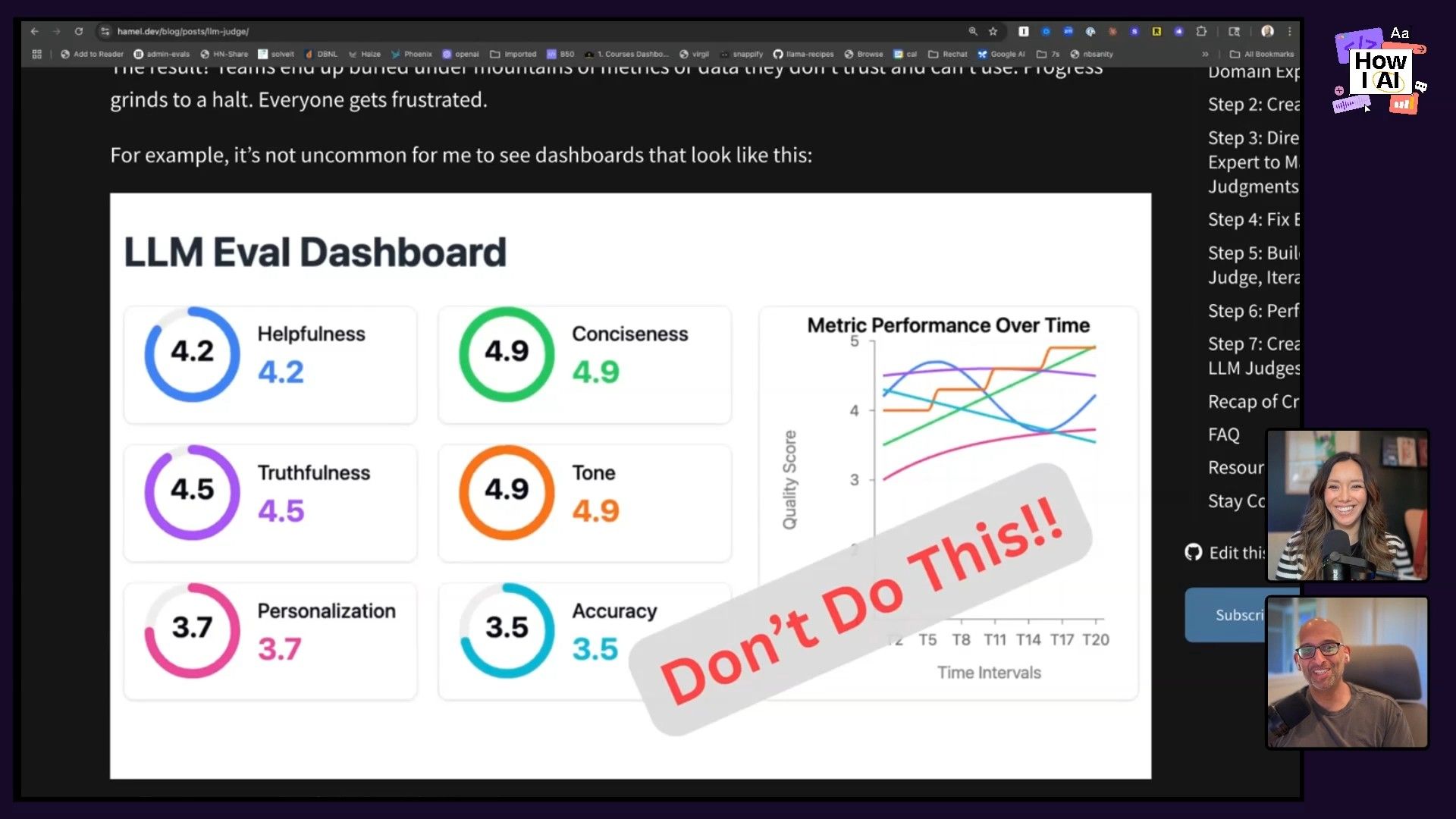 An 'LLM Eval Dashboard' demonstrating various performance metrics, accompanied by a 'Don't Do This!!' warning, highlighting common pitfalls in LLM evaluation dashboard design discussed in a blog post on hamel.dev.