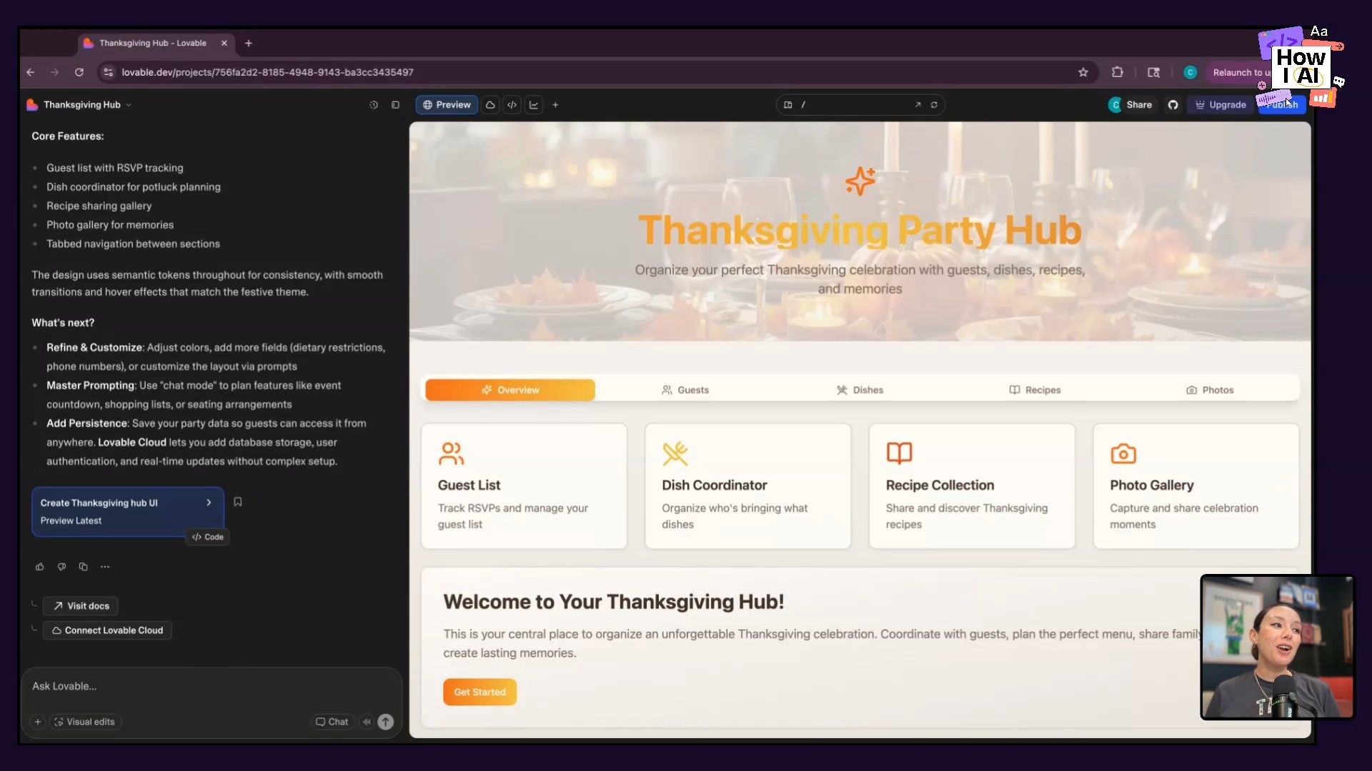A 'Thanksgiving Party Hub' web application interface, demonstrating its features like guest list management and recipe sharing, alongside Lovable's AI prompting capabilities for customization and functionality.