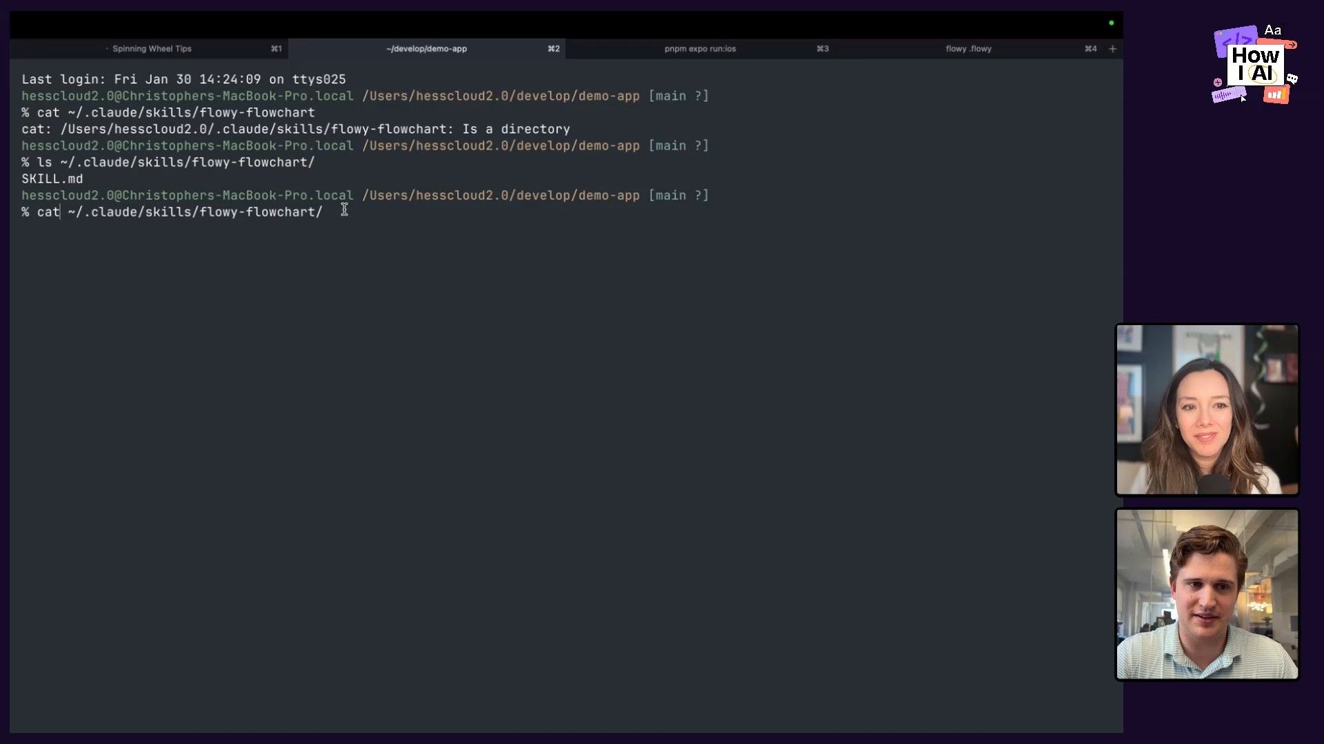 A developer uses the terminal to navigate a file system, first attempting to 'cat' a directory and then using 'ls' to reveal the 'SKILL.md' file within the '~/.claude/skills/flowy-flowchart/' path.