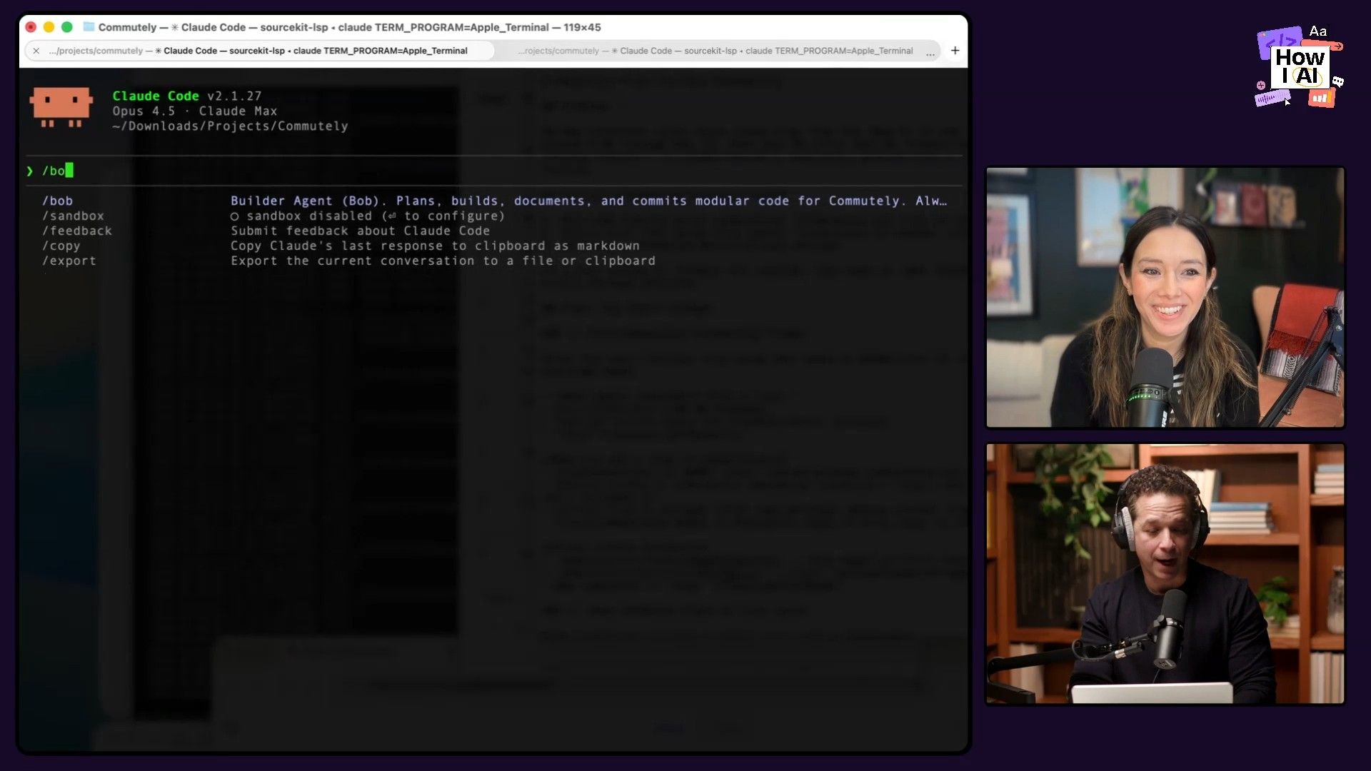 A developer's terminal shows 'Claude Code' version info, a command prompt attempting to edit 'CommutelyLiveActivity.swift', and an 'Auto-update failed' error suggesting fixes with 'claude doctor' or 'npm install'. The podcast host observes the technical output.