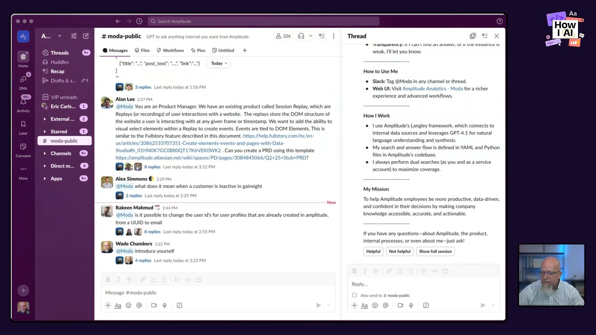 Moda's Amplitude interface showing a chat thread with multiple messages and responses, highlighting the AI's capabilities and internal data usage. Note the JSON structured prompt and various links for context.