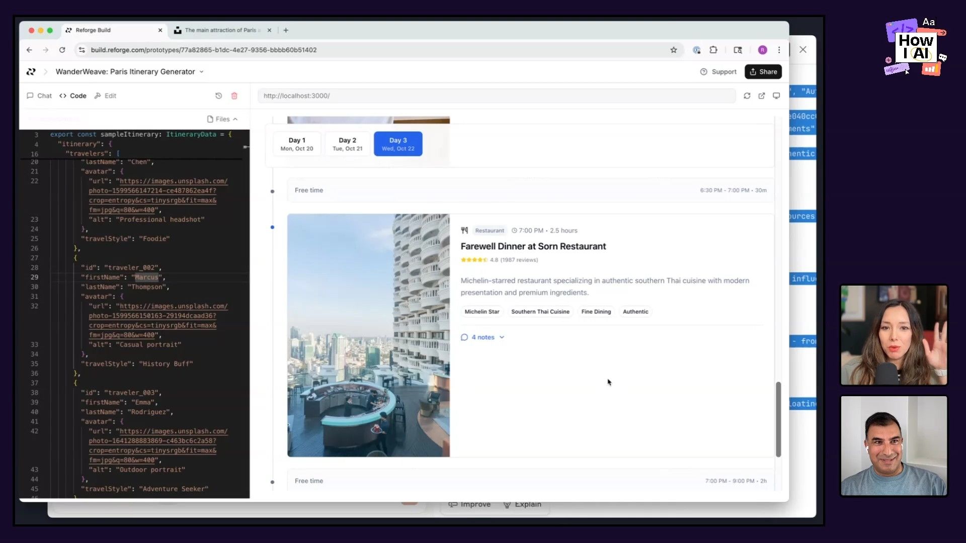 A split-screen view shows the 'WanderWeave: Paris Itinerary Generator' web application displaying a detailed restaurant itinerary card on the right, alongside its underlying TypeScript/JSON data structure defining traveler profiles and avatar image URLs in a code editor on the left.