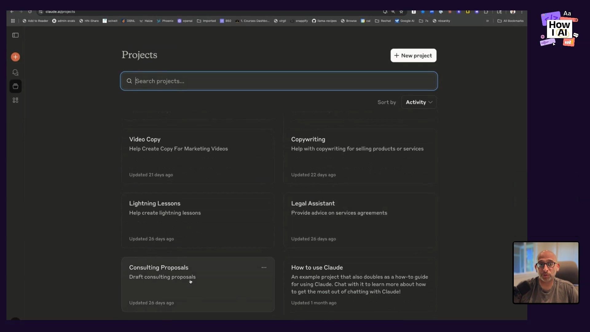 A detailed look at the Claude AI 'Projects' dashboard, showcasing various AI-powered project templates like 'Video Copy', 'Legal Assistant', and 'Consulting Proposals', demonstrating how users can organize and initiate different AI tasks within the application.