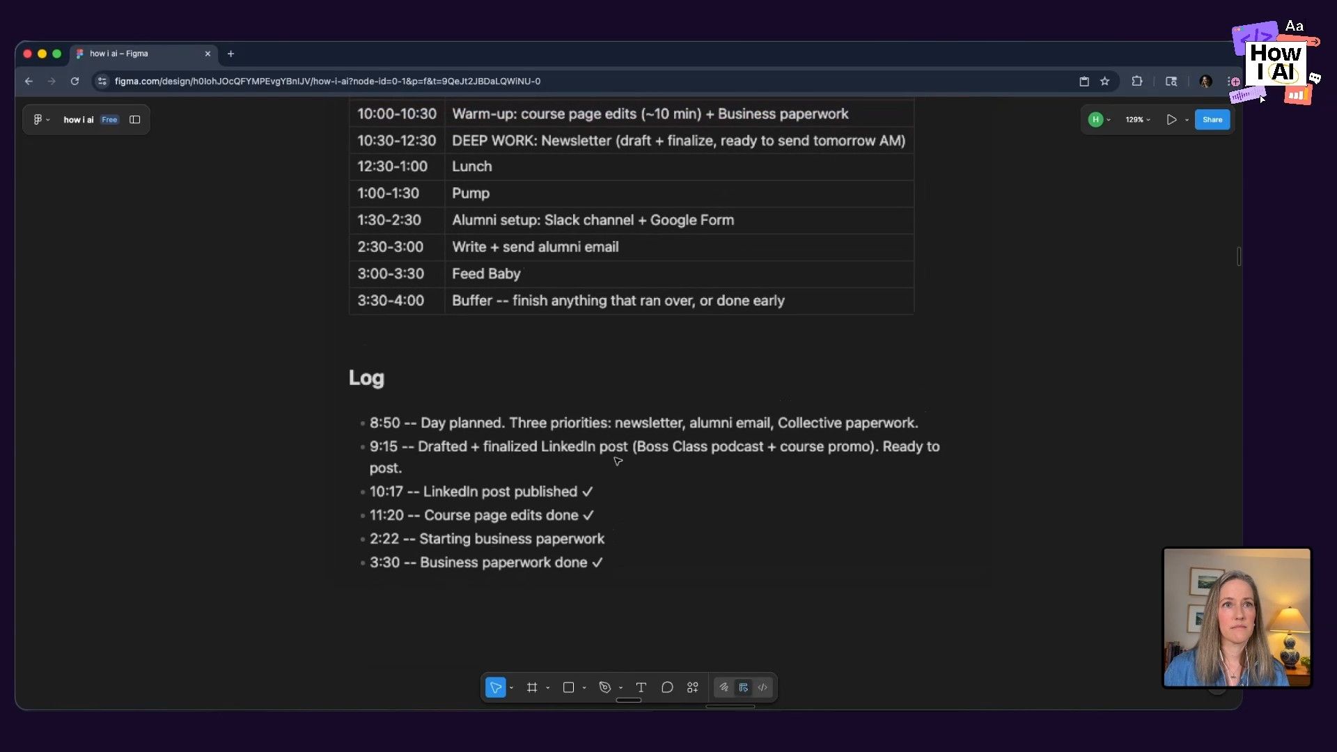 A daily note markdown file, likely embedded within a Figma project, clearly illustrates a detailed planned schedule, an actual activity log, and prompts for end-of-day reflection, providing insight into personal productivity tracking.