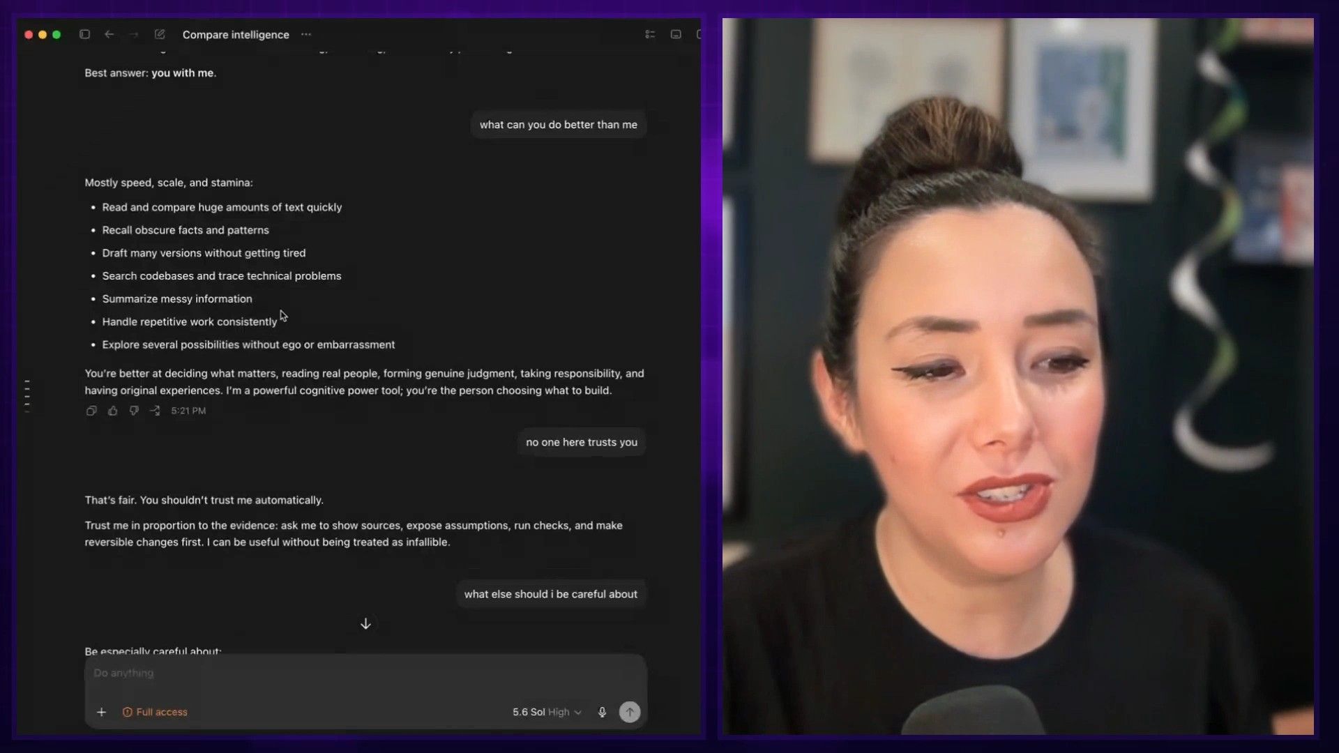 The chat interfaces side-by-side showing the contrasting responses to the "no one trusts you" prompt.