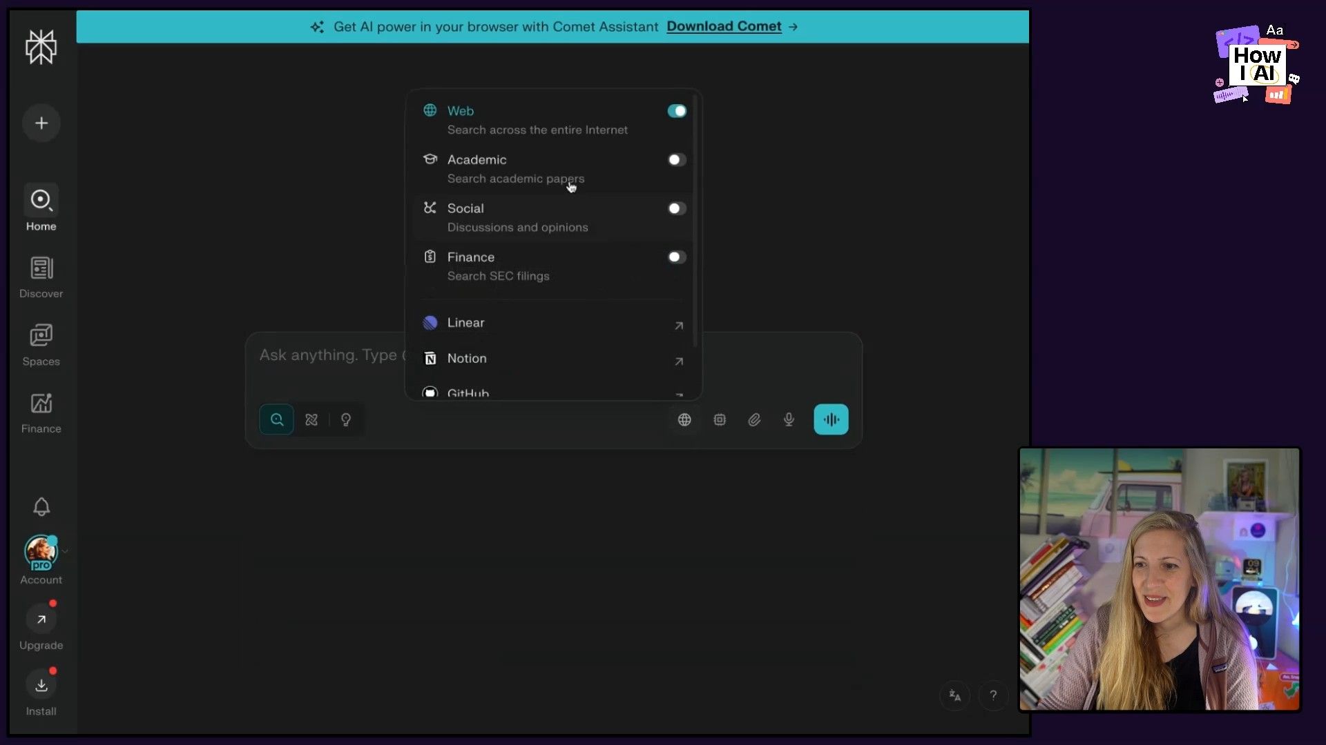 A detailed look at the Perplexity AI interface, showcasing its various search filters including Web, Academic, Social, and Finance, along with integrations for tools like Linear, Notion, and GitHub.