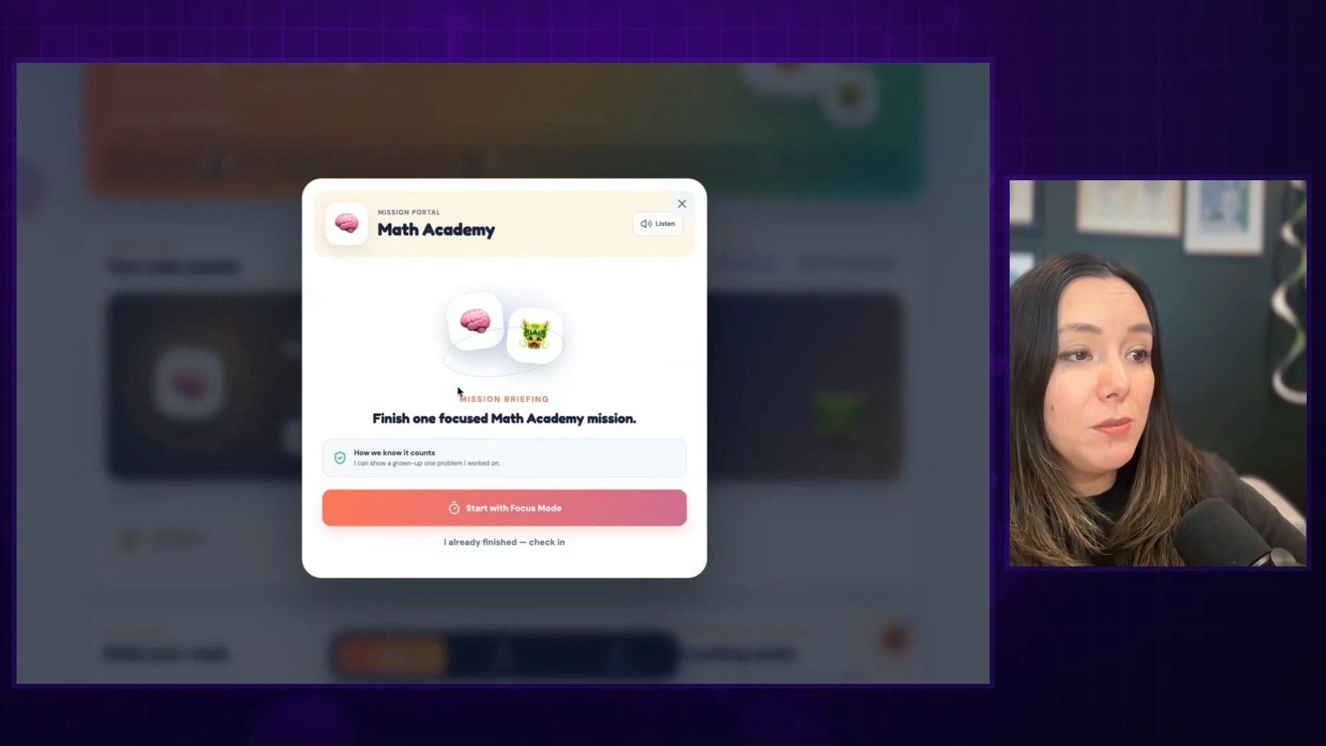 The gamified homework app dashboard showing quests for both kids