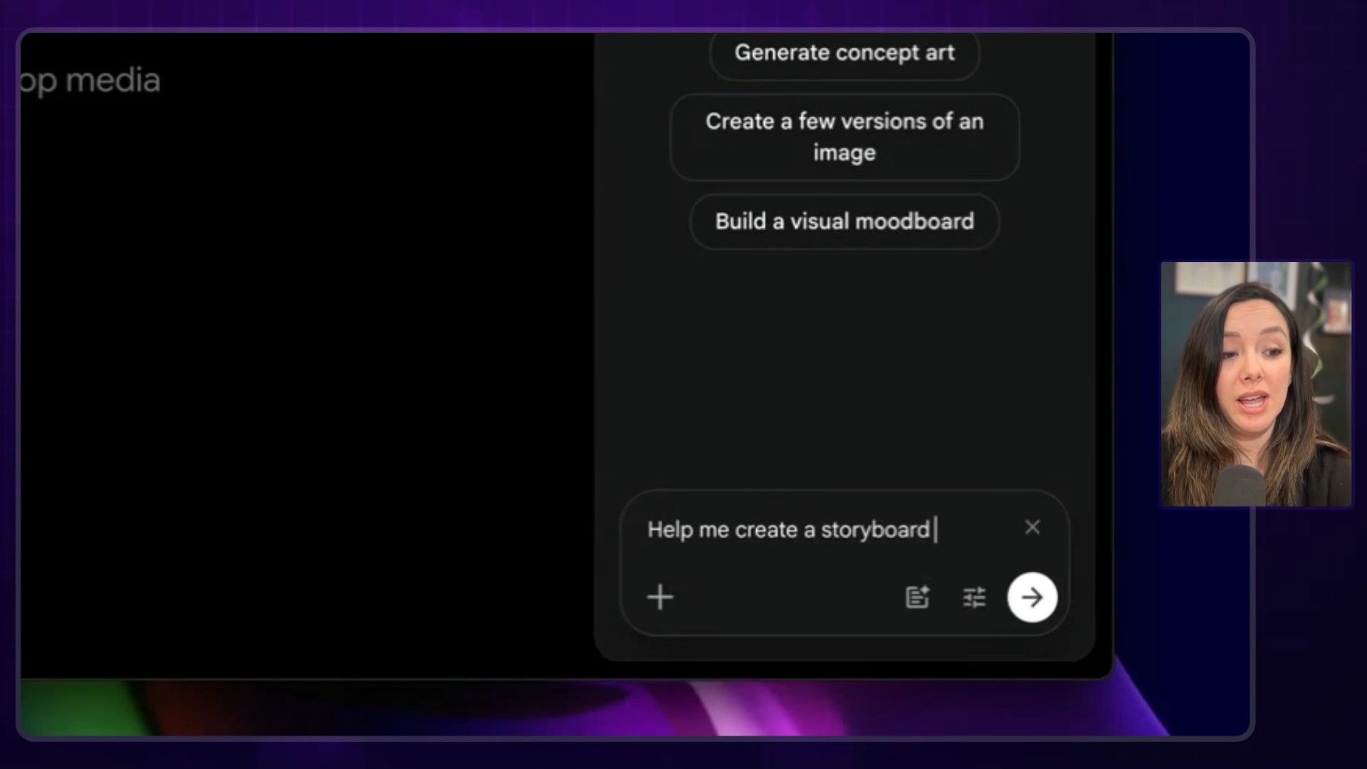 A user interacting with an AI or creative application, viewing a modal dialog that explains how to use their personal avatar (a photo) by typing '@me' in a prompt. The interface also shows navigation options and AI prompt suggestions.