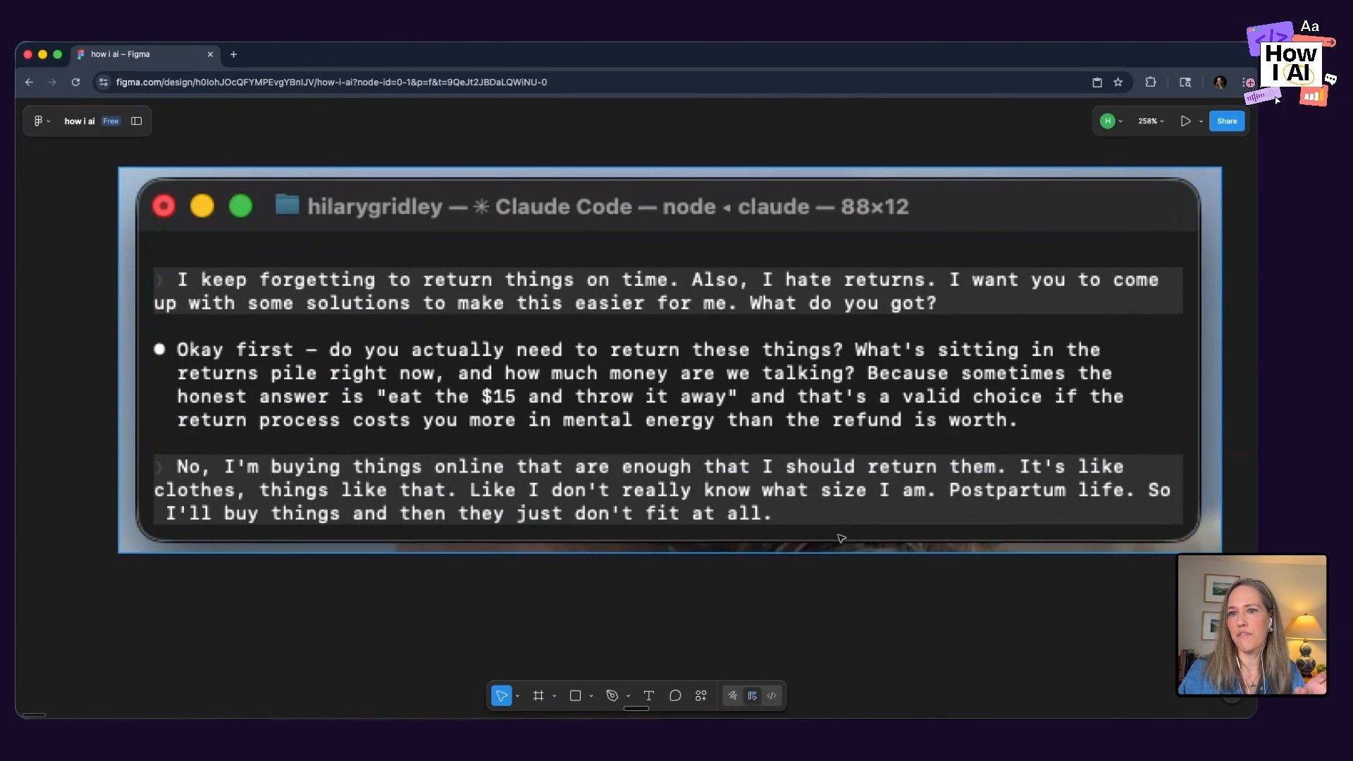 A user's prompt to Claude AI, displayed within a Figma interface, seeking solutions for managing forgotten returns, alongside Claude's insightful first response and follow-up questions.