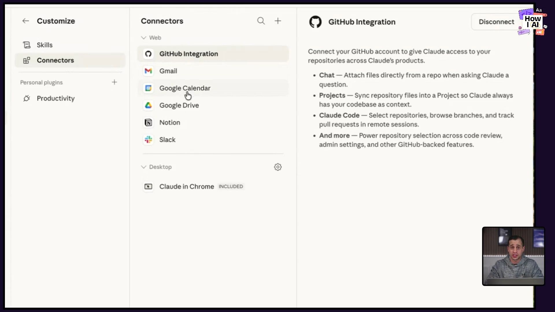 The Connectors settings page, showing the list of enabled connectors like Gmail and Slack