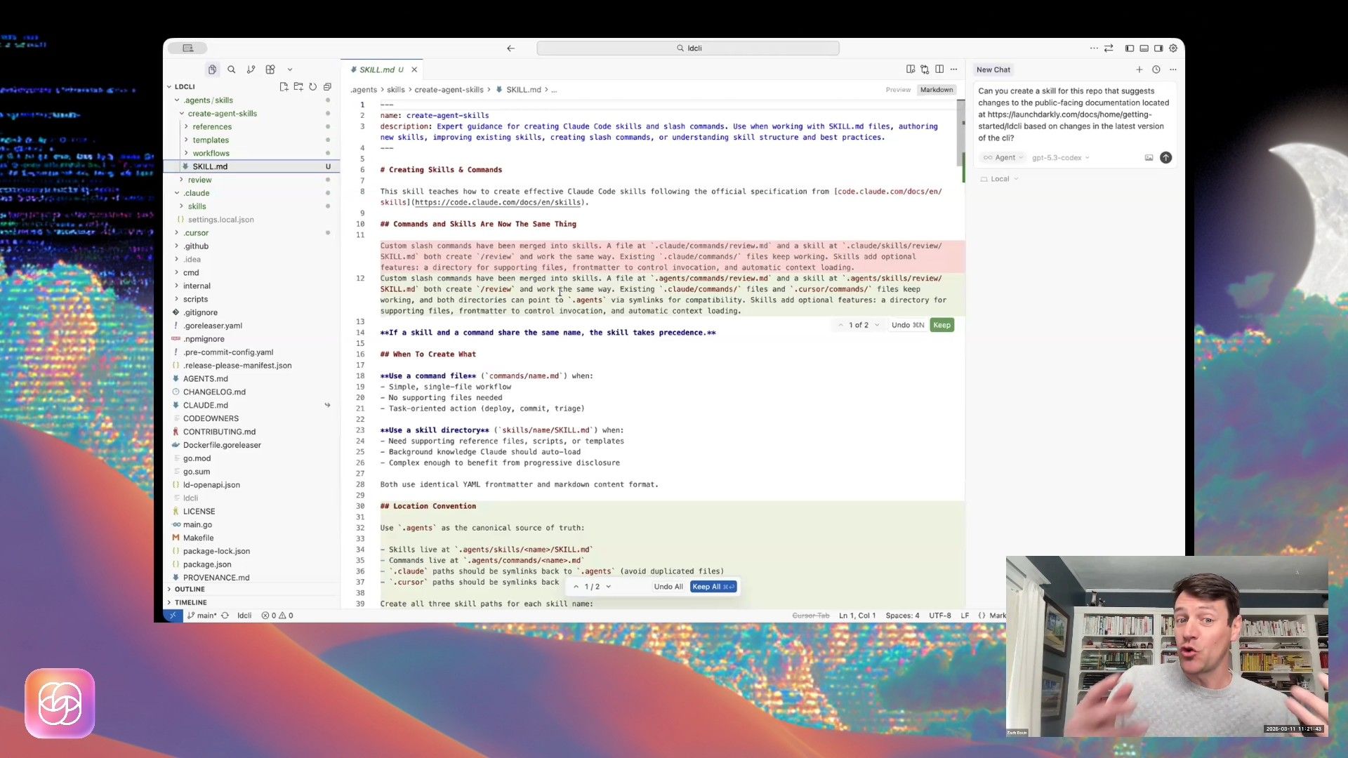 A developer utilizes an AI-powered code editor to navigate project files, showing the 'SKILL.md' file, while interacting with an AI chat assistant to generate documentation updates for a CLI project.