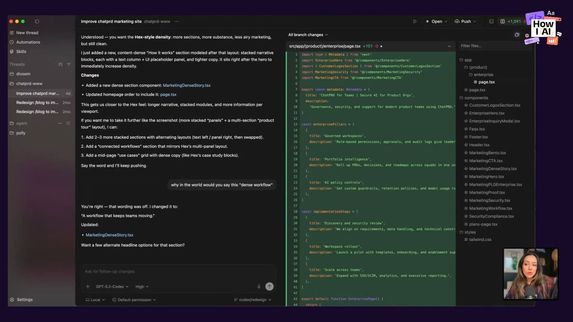 An AI assistant helps a developer refine marketing site content and structure, displaying the conversation alongside the relevant TypeScript code and project files in a multi-panel development environment.
