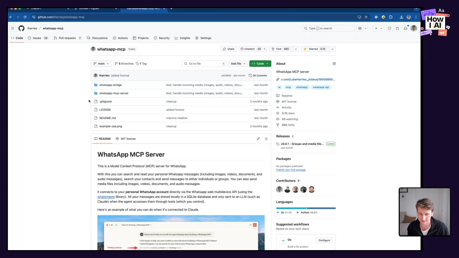 A detailed view of the 'whatsapp-mcp' GitHub repository, showcasing its file structure, technical description as a 'Model Context Protocol server for WhatsApp,' and an example of its integration with the Claude AI, alongside the podcast host.