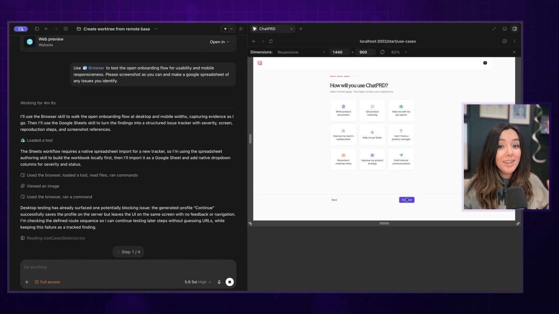The AI agent highlighting a bug where the 'continue' button is clickable without a selection