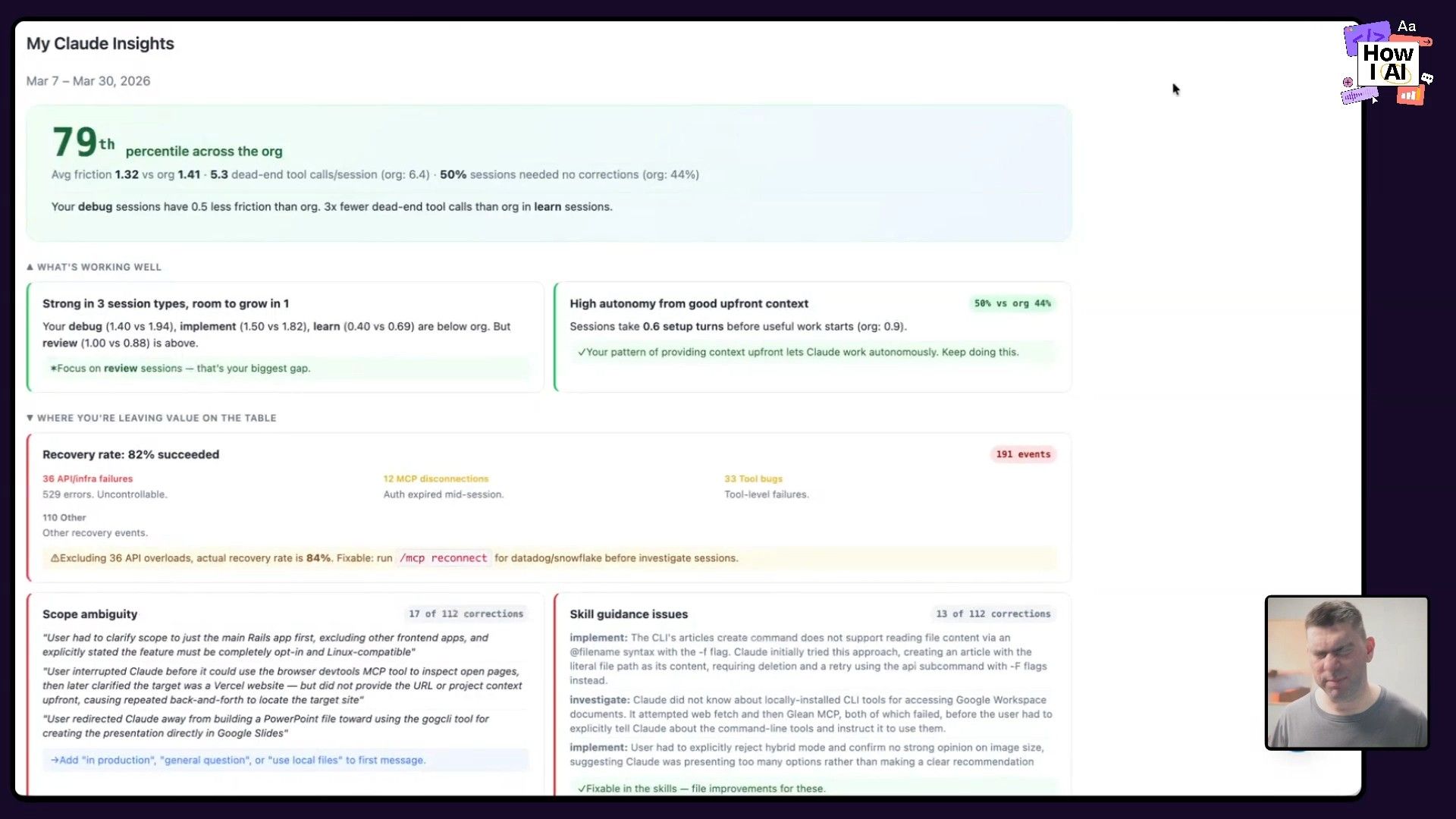 Brian's personalized insights dashboard, showing his percentile rank and specific feedback on his sessions