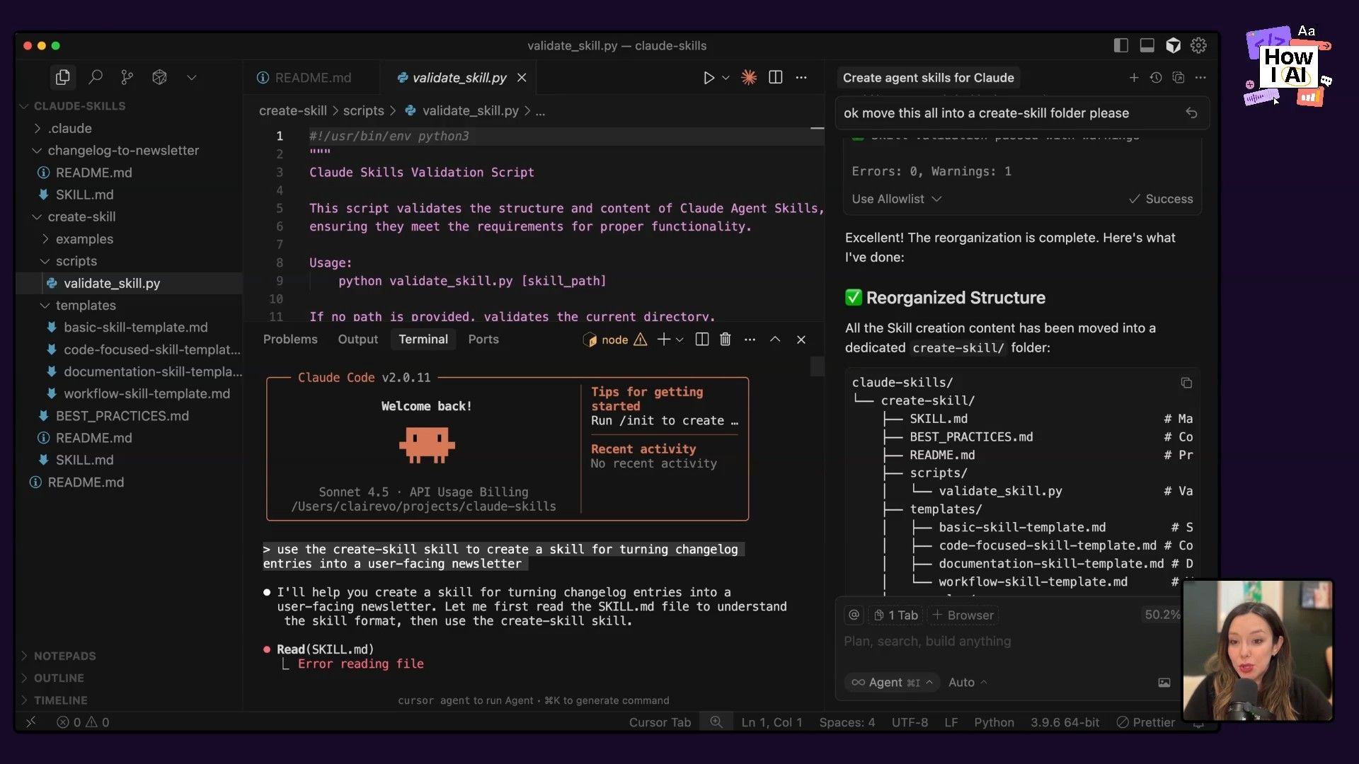 A developer's IDE showing a Python script and a terminal, while an AI assistant (Claude) in the chat panel helps reorganize the project structure and provides a summary of the changes. This highlights AI-assisted development and code management workflows.