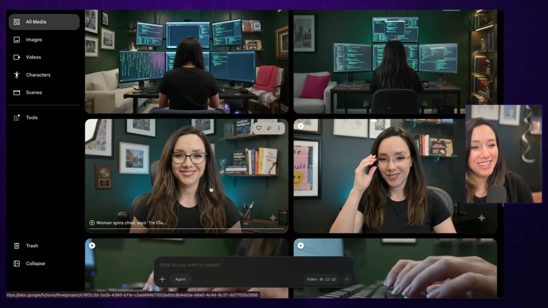 An AI video generation and editing interface showing a generated clip of an avatar spinning in a chair, with the descriptive prompt 'The Host Reveal. Action: m ergonomic chair around to face the She pushes her glasses up the bridg' visible.